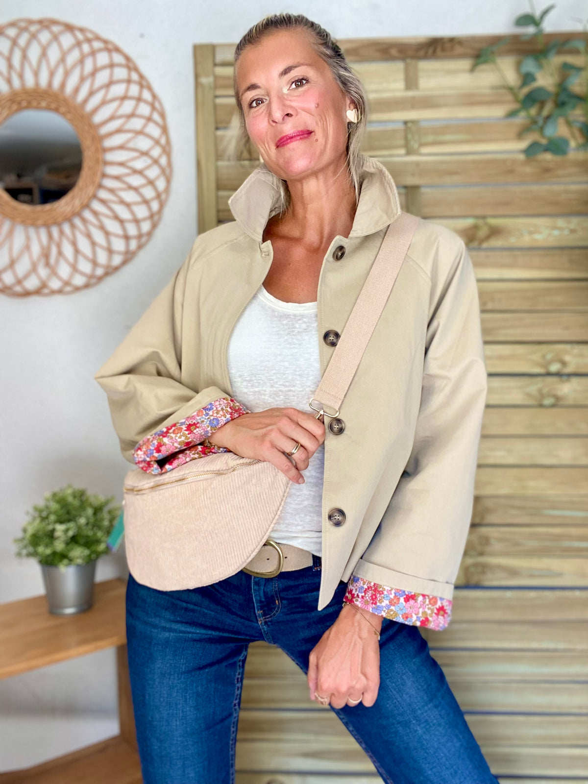 Veste Trench en coton beige avec Liberty - MAHAUT - LILI et LALA