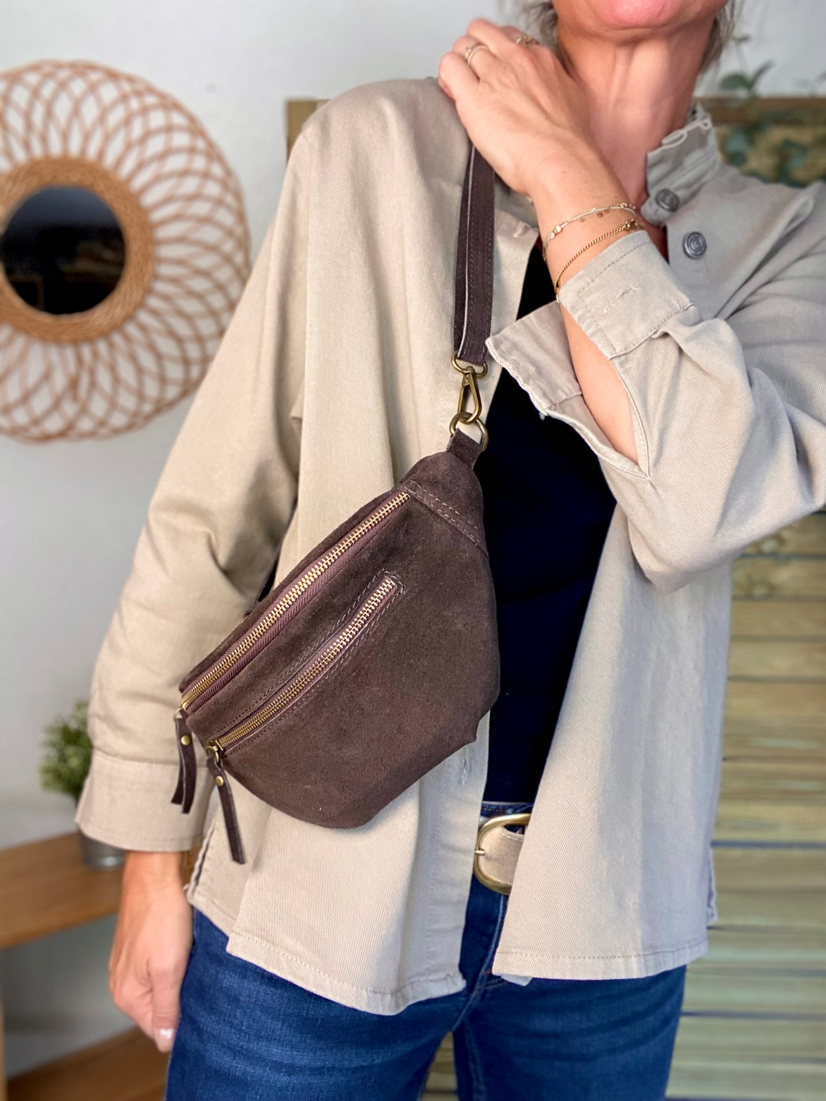 Sac banane double poche en cuir daim - OPALINE - Chocolat