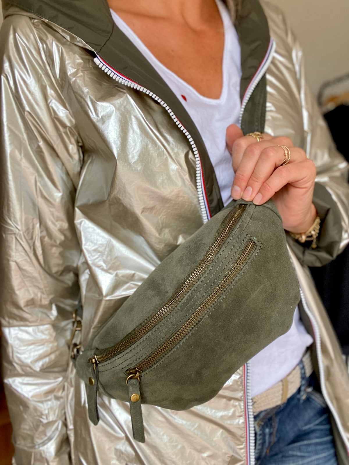 Sac banane double poche en cuir daim - OPALINE - Kaki foncé