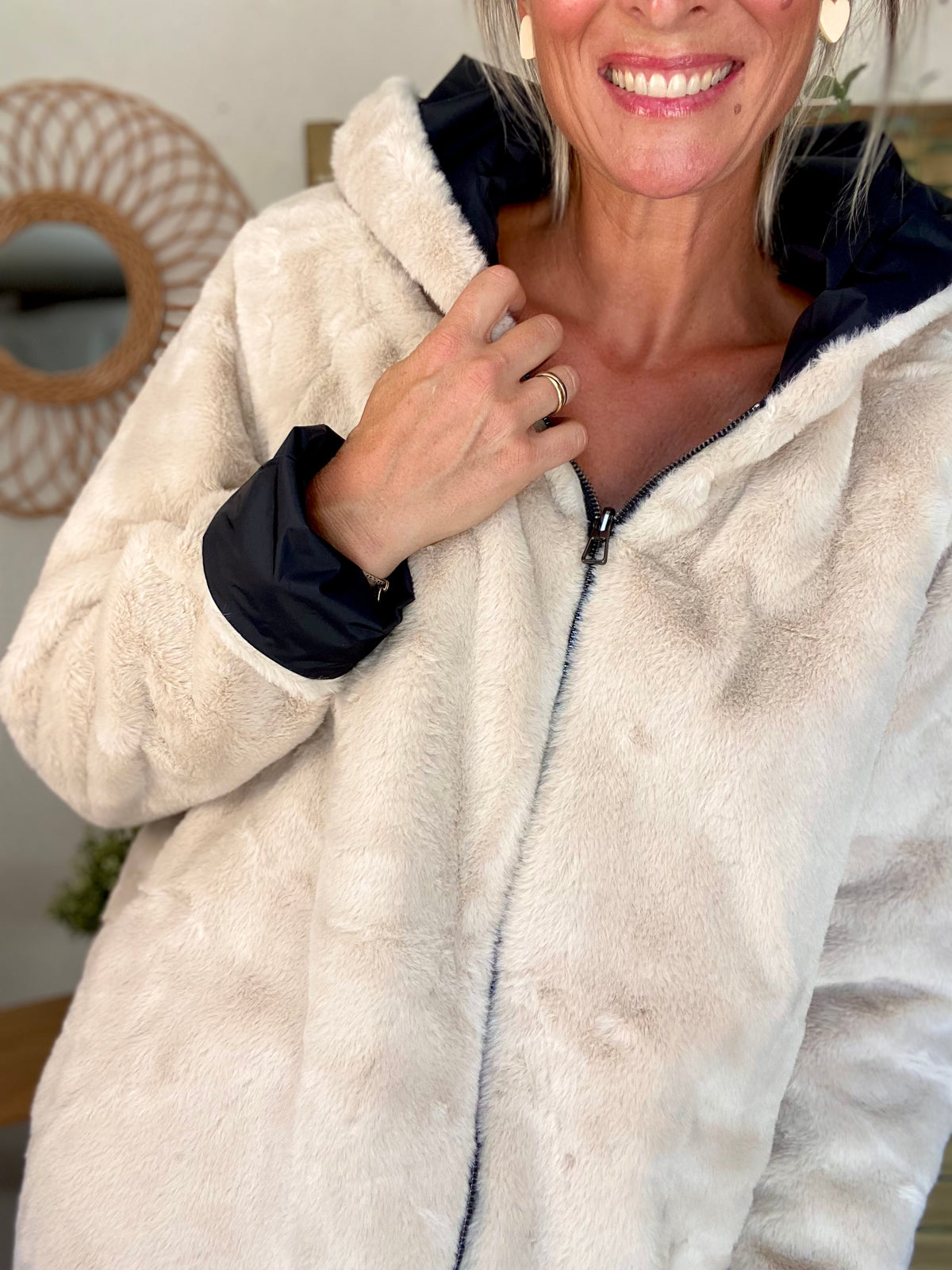 LAURA JO - Parka Imperméable réversible fourrée Noir / Beige ALIX long