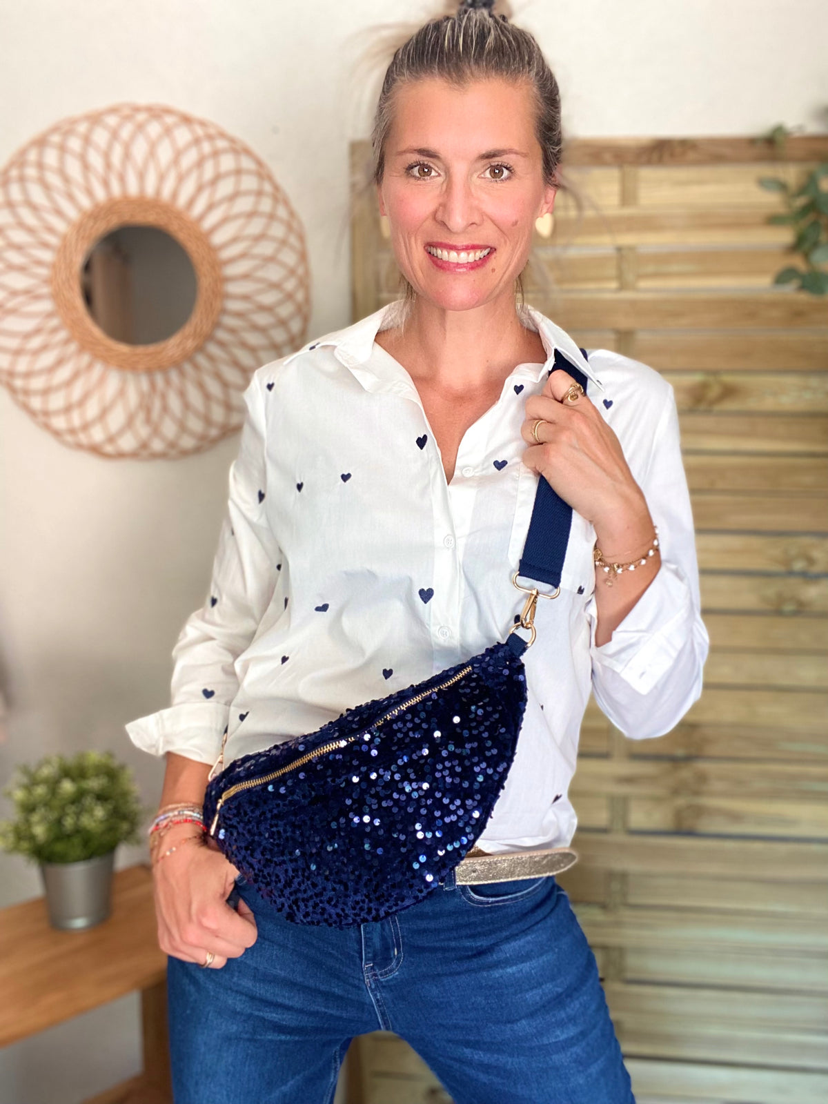Sac banane L velours à sequins Ciao Boum - TAYLOR - Bleu marine
