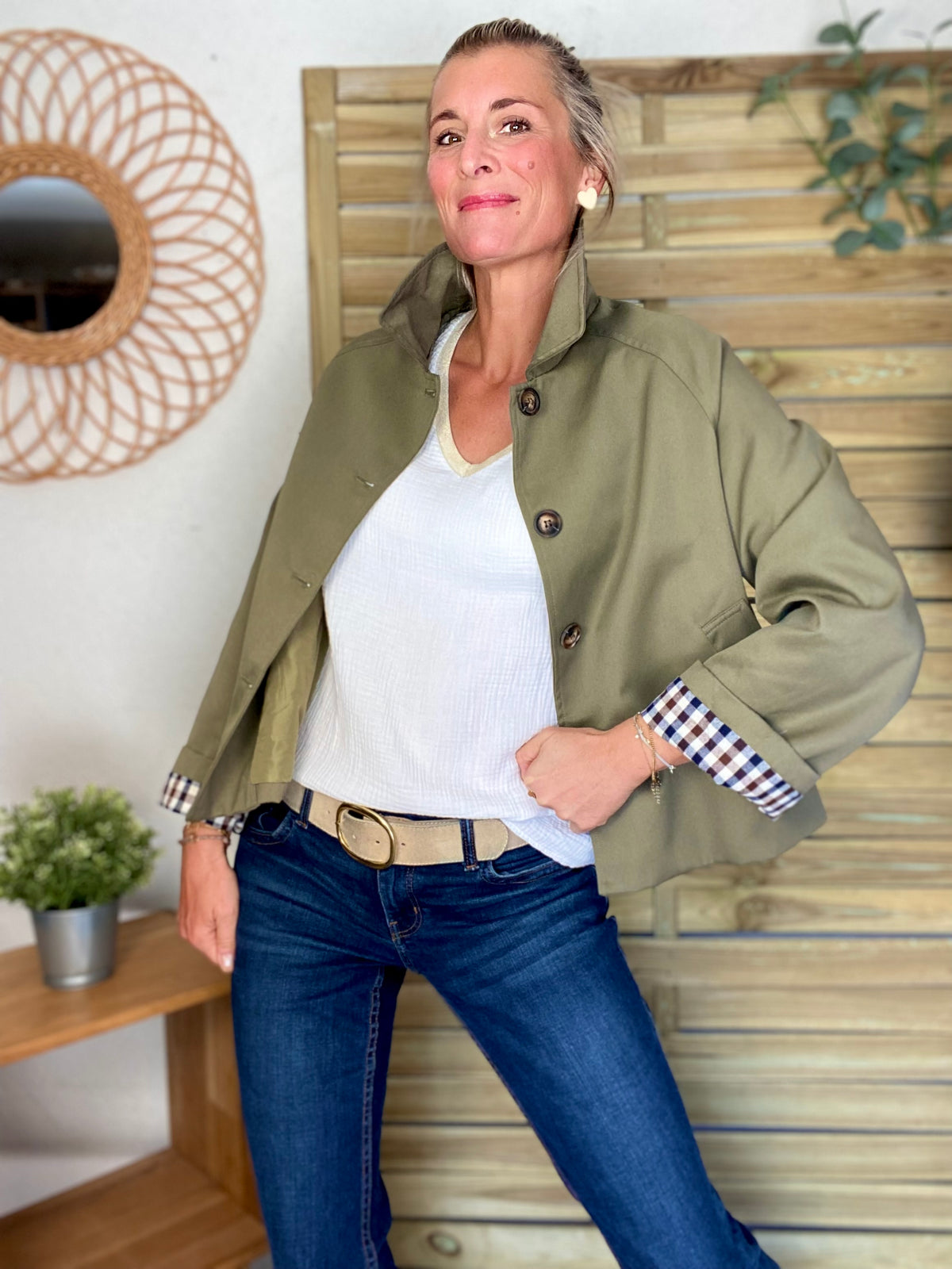 Veste Trench en coton, revers carreaux - YSEULT court Kaki