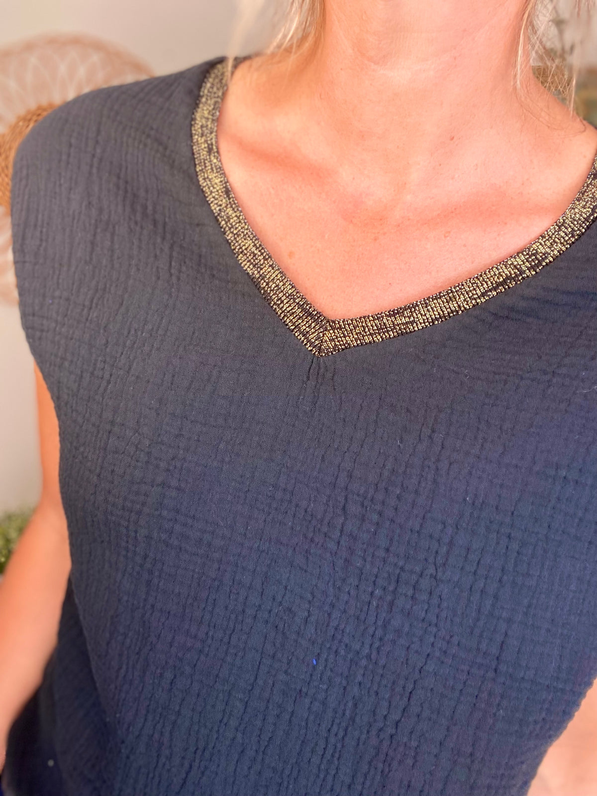 Top en gaze de coton et lurex MARTA - Noir