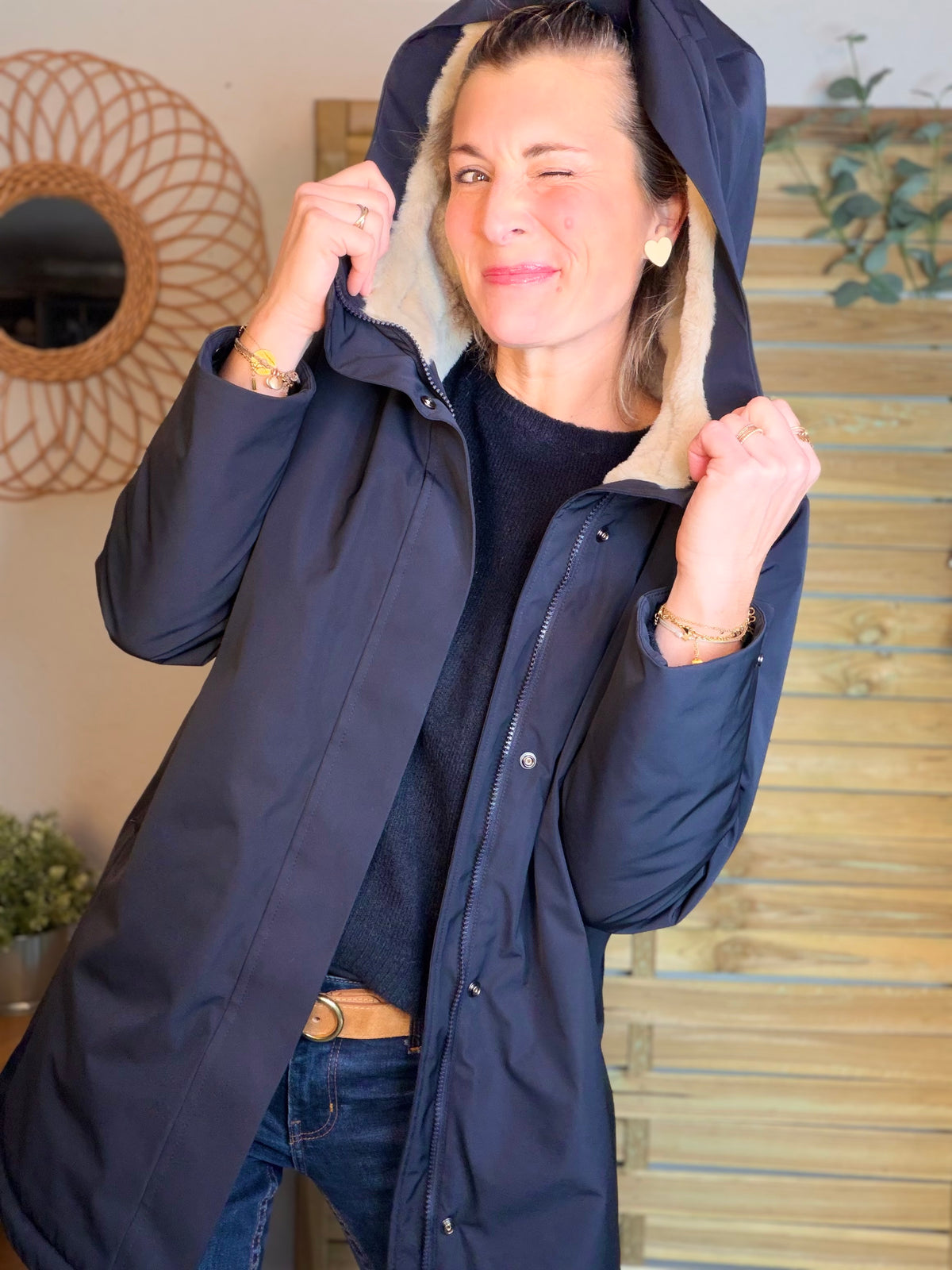 LAURA JO - Parka fourrée imperméable AMBRE LONG - Bleu marine / Beige