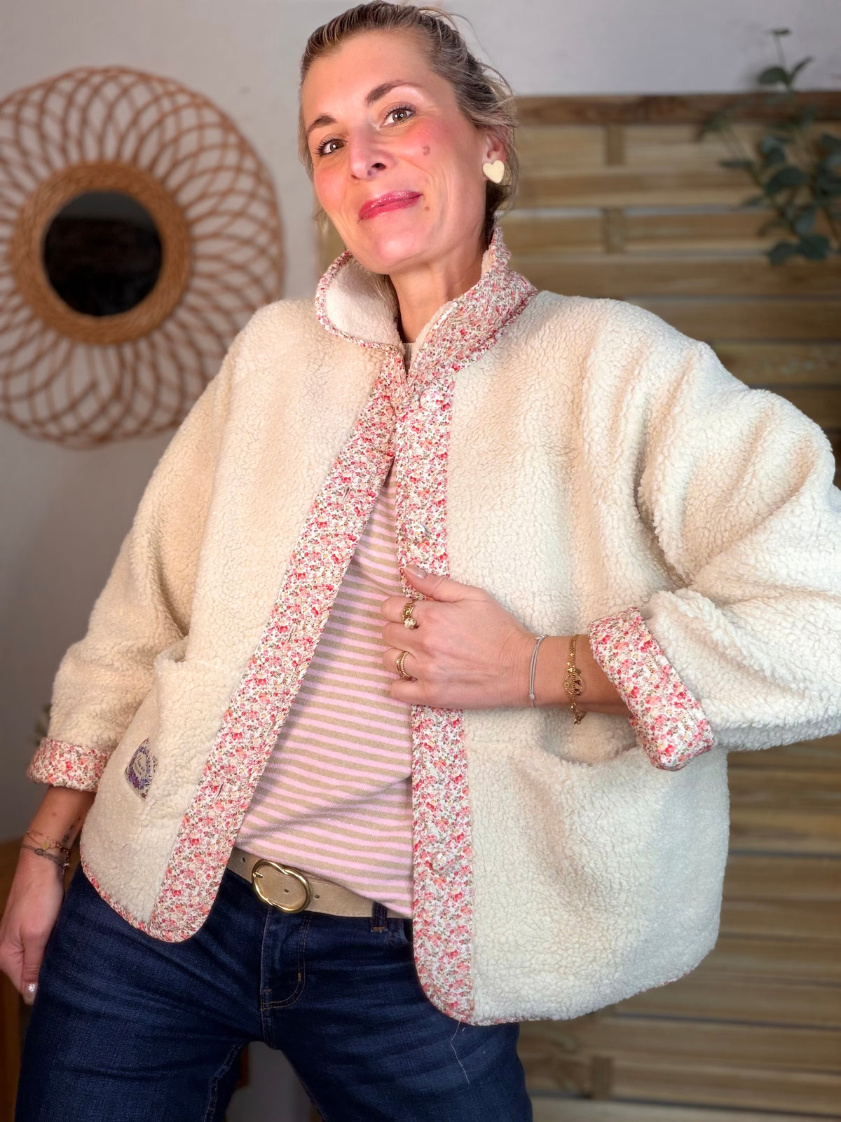Pull fin rayé ample ROMANE - Rose/Taupe - FIN DE SÉRIE