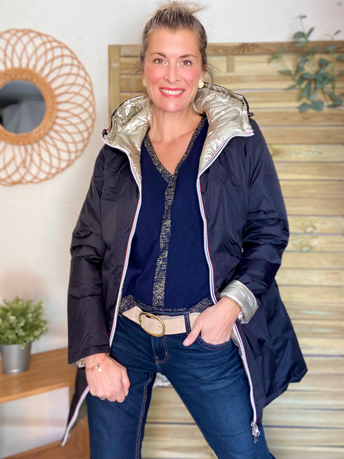 LAURA JO - Doudoune réversible imperméable longue INÈS - Noir / Doré - FIN DE SÉRIE