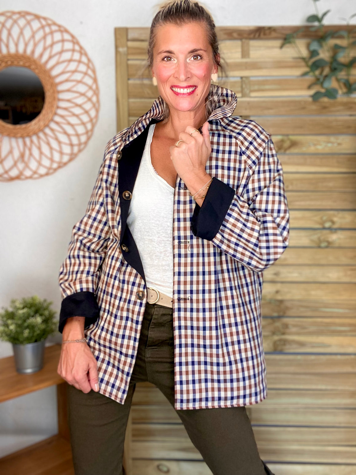 Veste Trench mi long réversible vichy LENA Noir - FIN DE SÉRIE