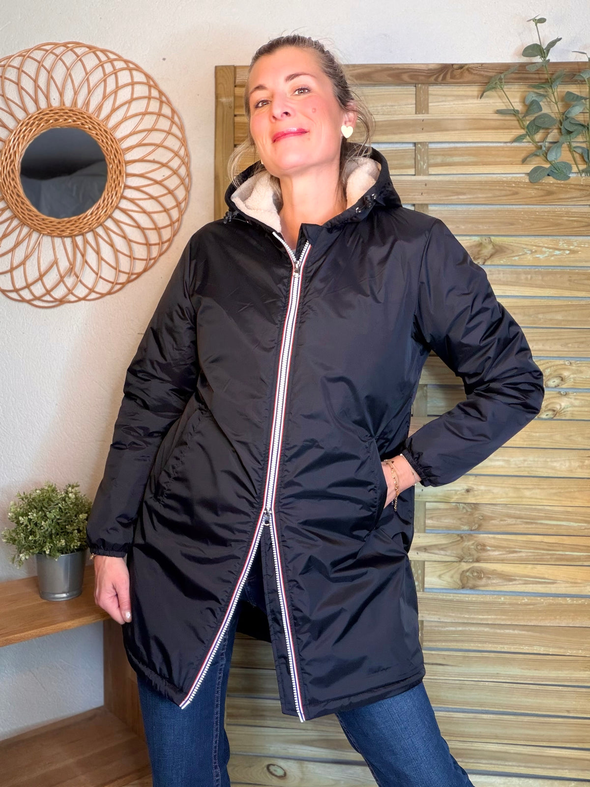 LAURA JO - Parka Imperméable LOUISE LONG Sherpa écru - Noir • DÉSTOCKAGE sur Taille L