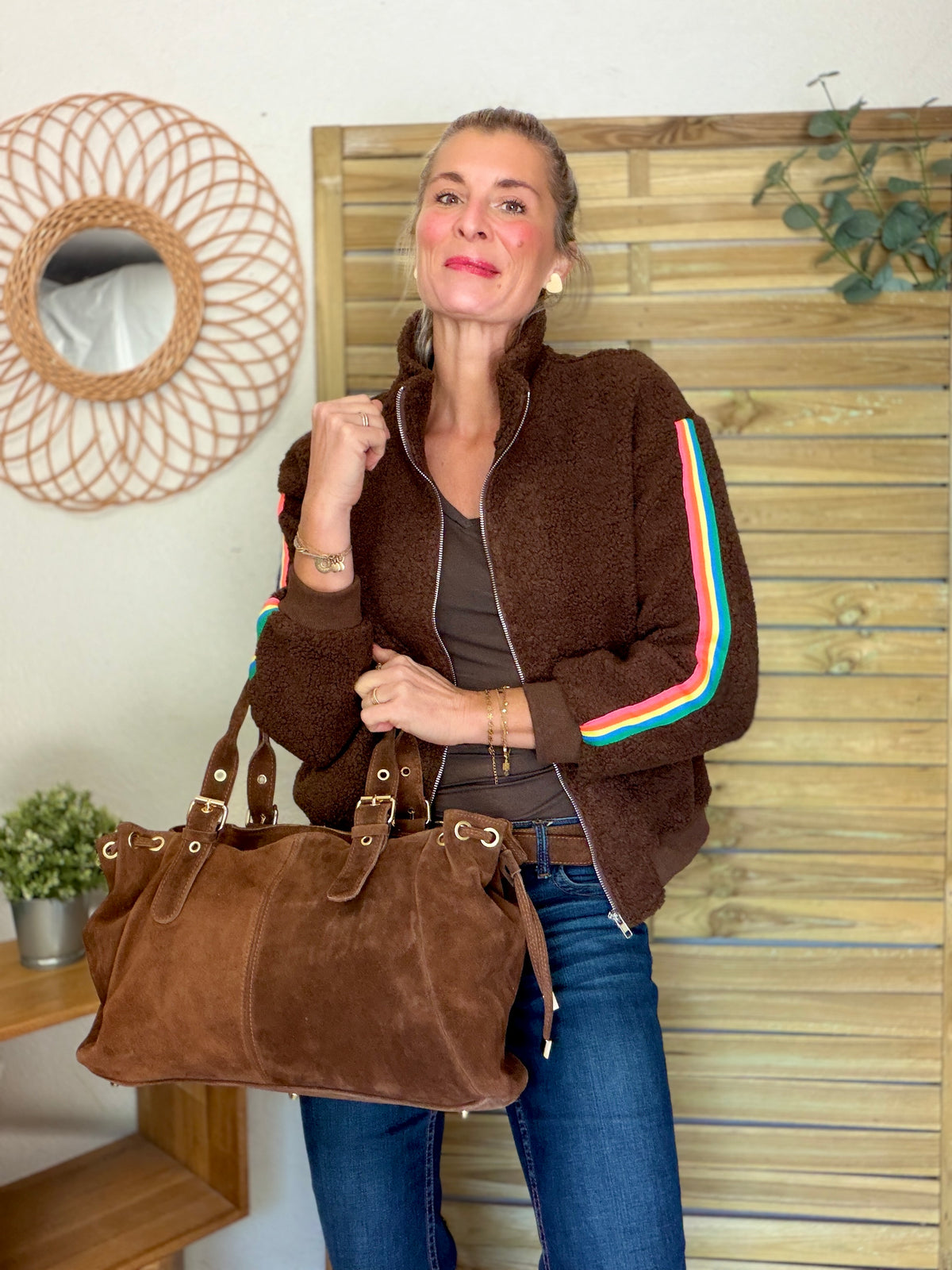 Veste Sherpa zippée bandes Arc-en-ciel CORALIE Chocolat 🌈