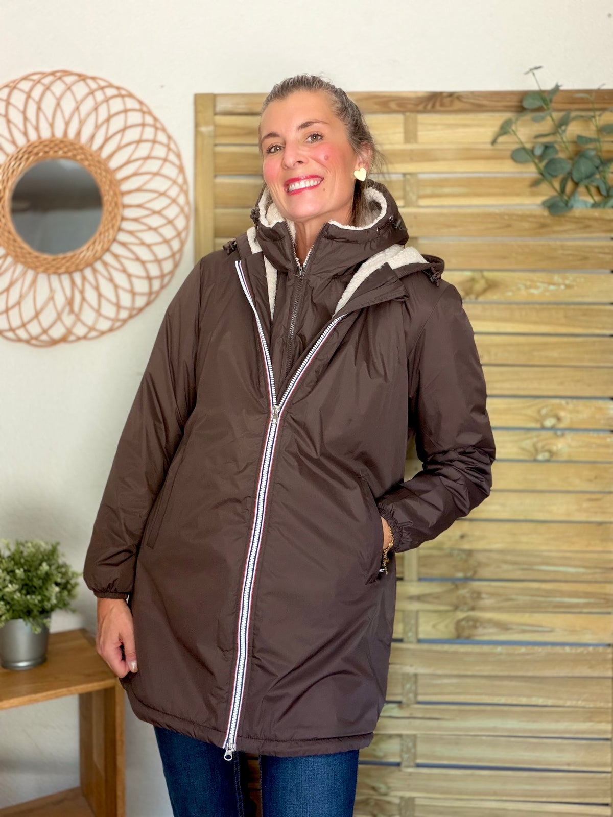 LAURA JO - Col capuche amovible réversible TONY - Choco / Sherpa écru