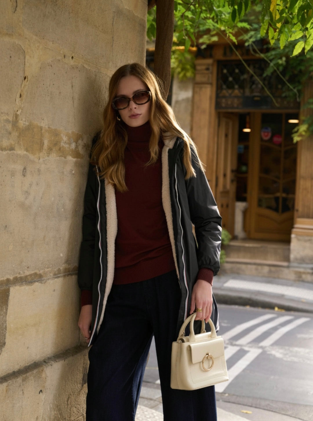 LAURA JO - Parka Imperméable LOUISE LONG Sherpa écru - Noir • DÉSTOCKAGE sur Taille L