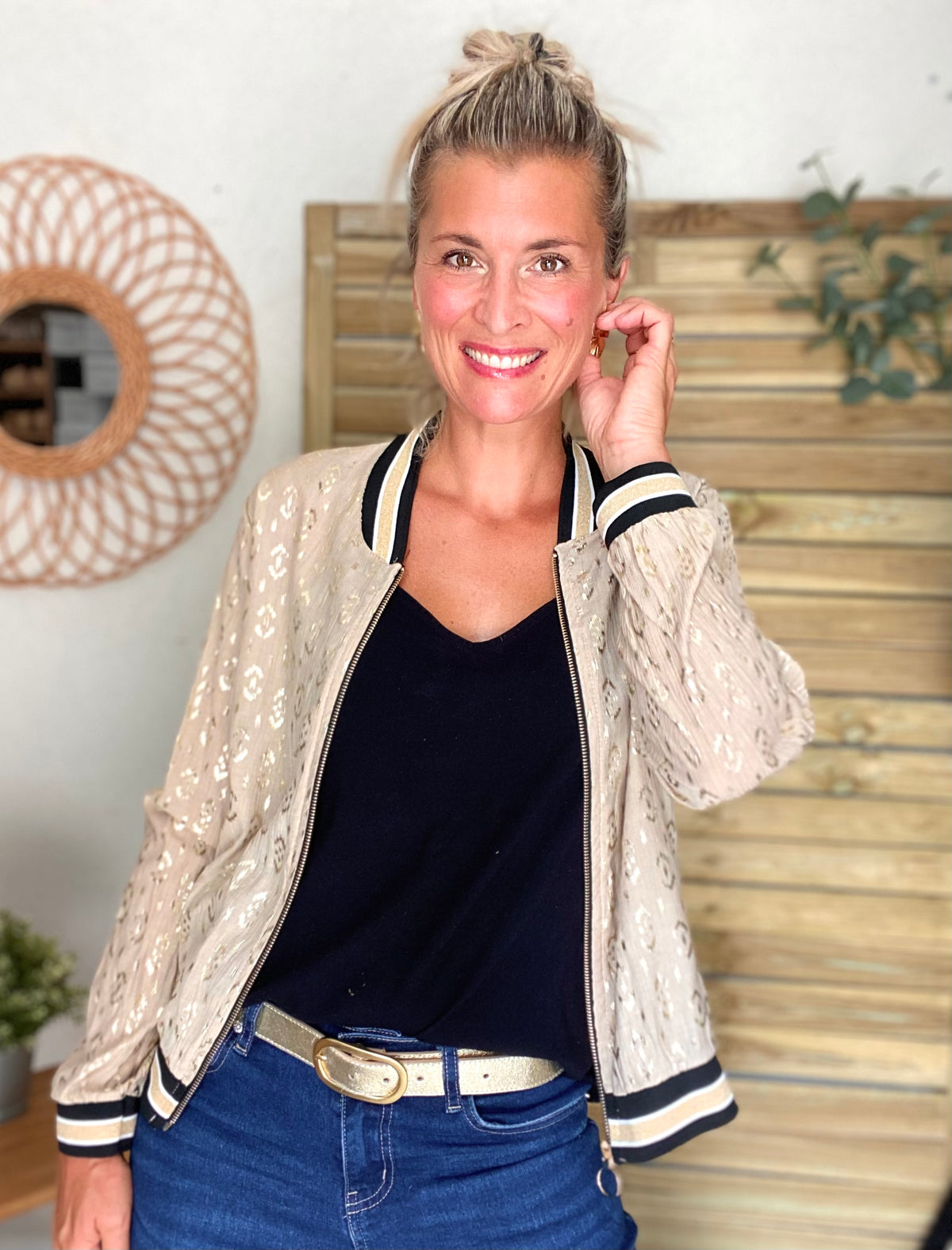 Veste bombers léger EMILY - imprimé Doré Beige (losanges)