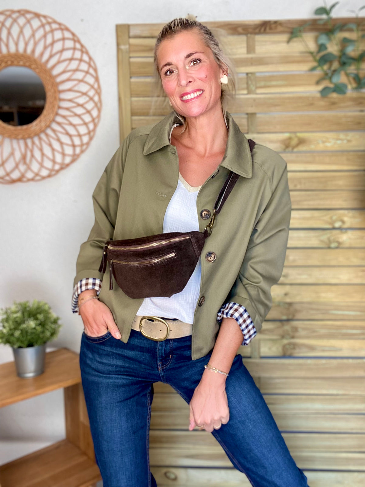 Veste Trench en coton, revers carreaux - YSEULT court Kaki