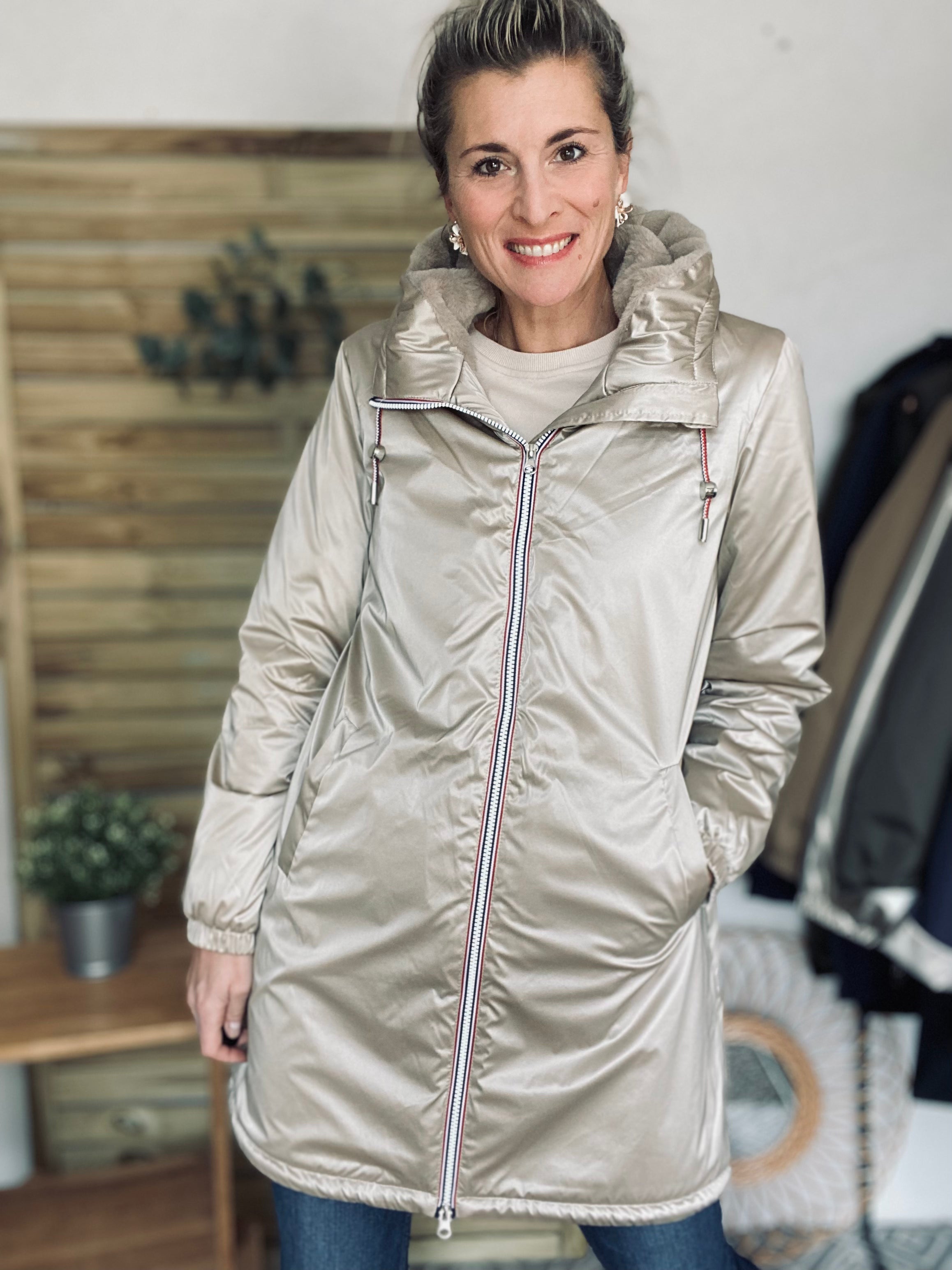 LAURA JO - Parka Imperméable THELMA LONG fourrée - Sable irisé • DÉSTOCKAGE sur Tailles S et 4XL
