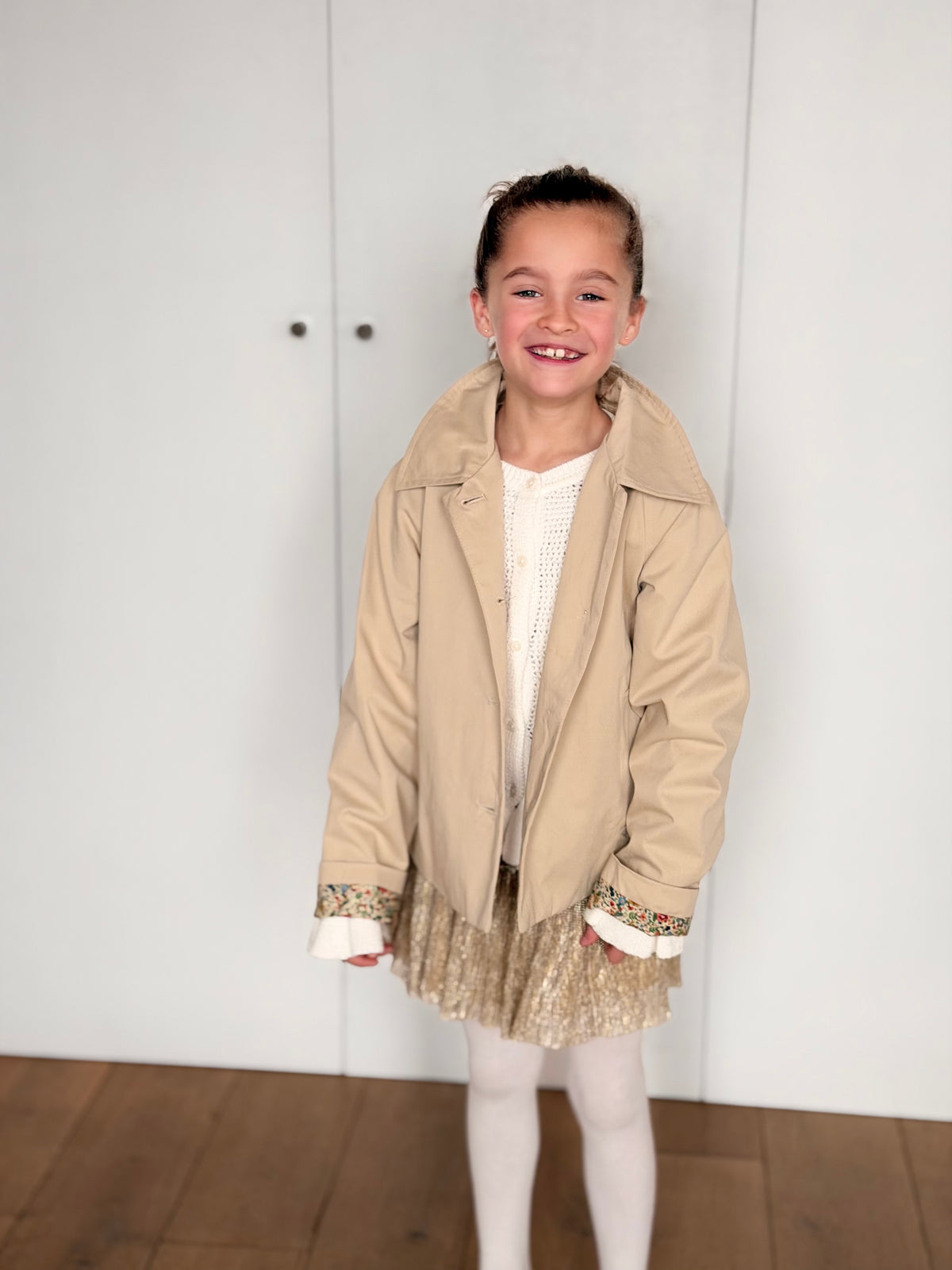 Veste Trench en coton beige avec Liberty - MARION (Taille 2 ans à la Taille XL)