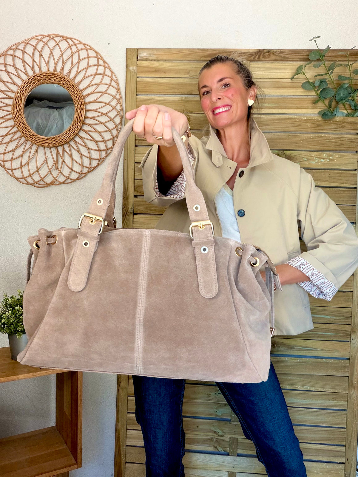 Sac cabas XL en cuir daim • JASPER Taupe