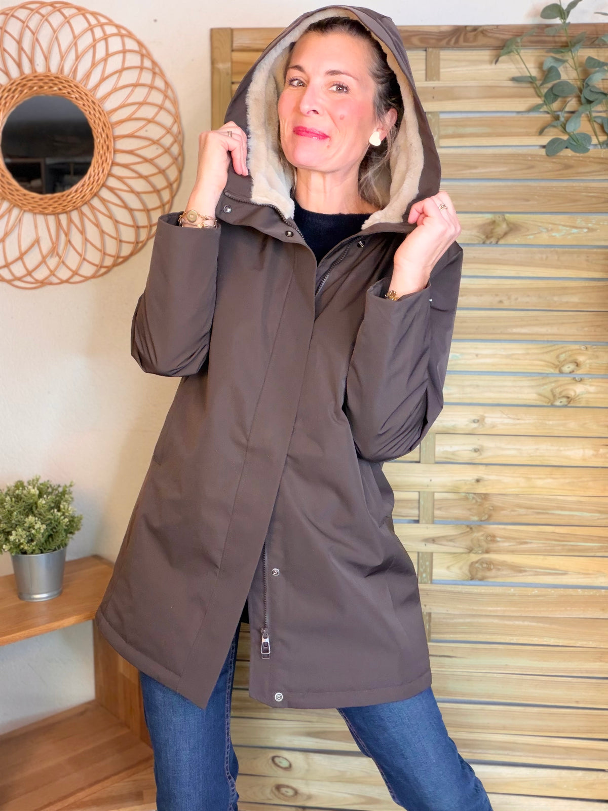 LAURA JO - Parka fourrée imperméable AMBRE LONG - Chocolat / Beige