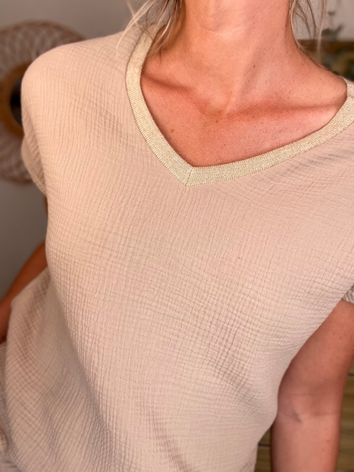 Top en gaze de coton et lurex MARTA - Beige