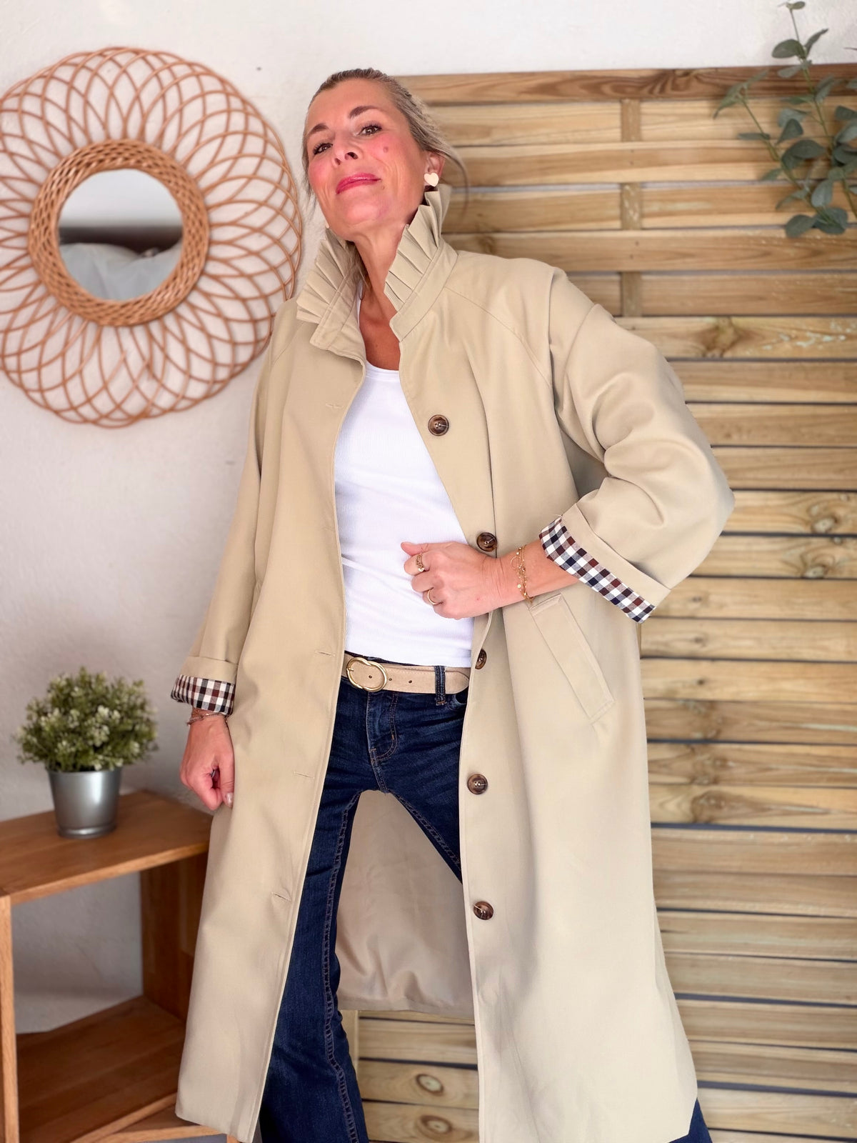 Veste Trench col victorien, revers carreaux - VICKY LONG Beige
