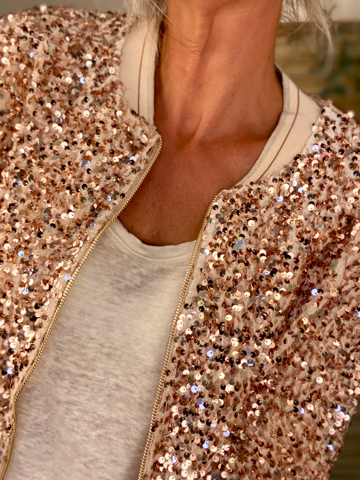 Veste bombers beige avec sequins Rose Gold KIM - FIN DE SÉRIE