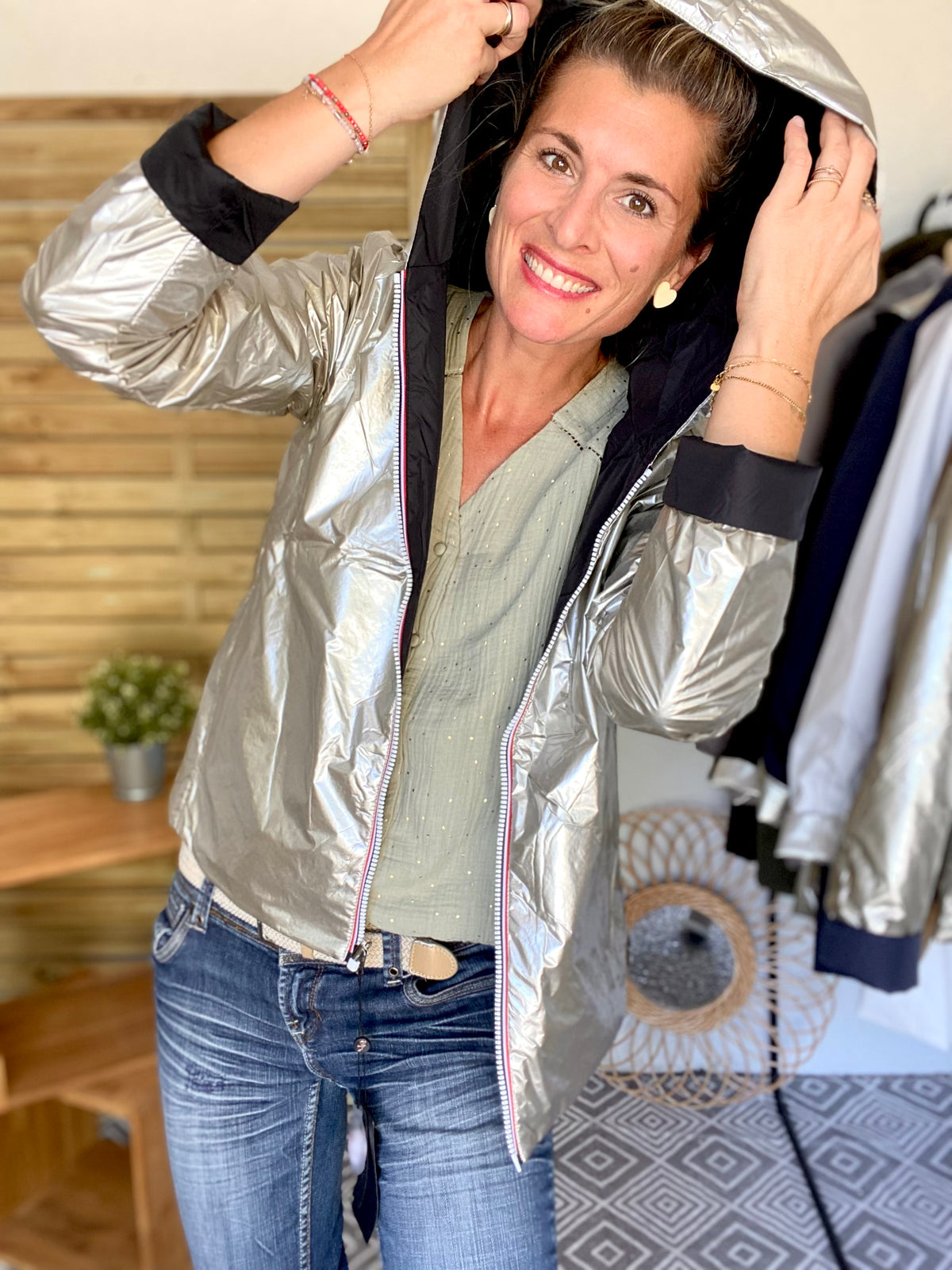 LAURA JO - Imperméable réversible rembourré LOUISON COURT - Noir/Doré • DÉSTOCKAGE sur Taille XL