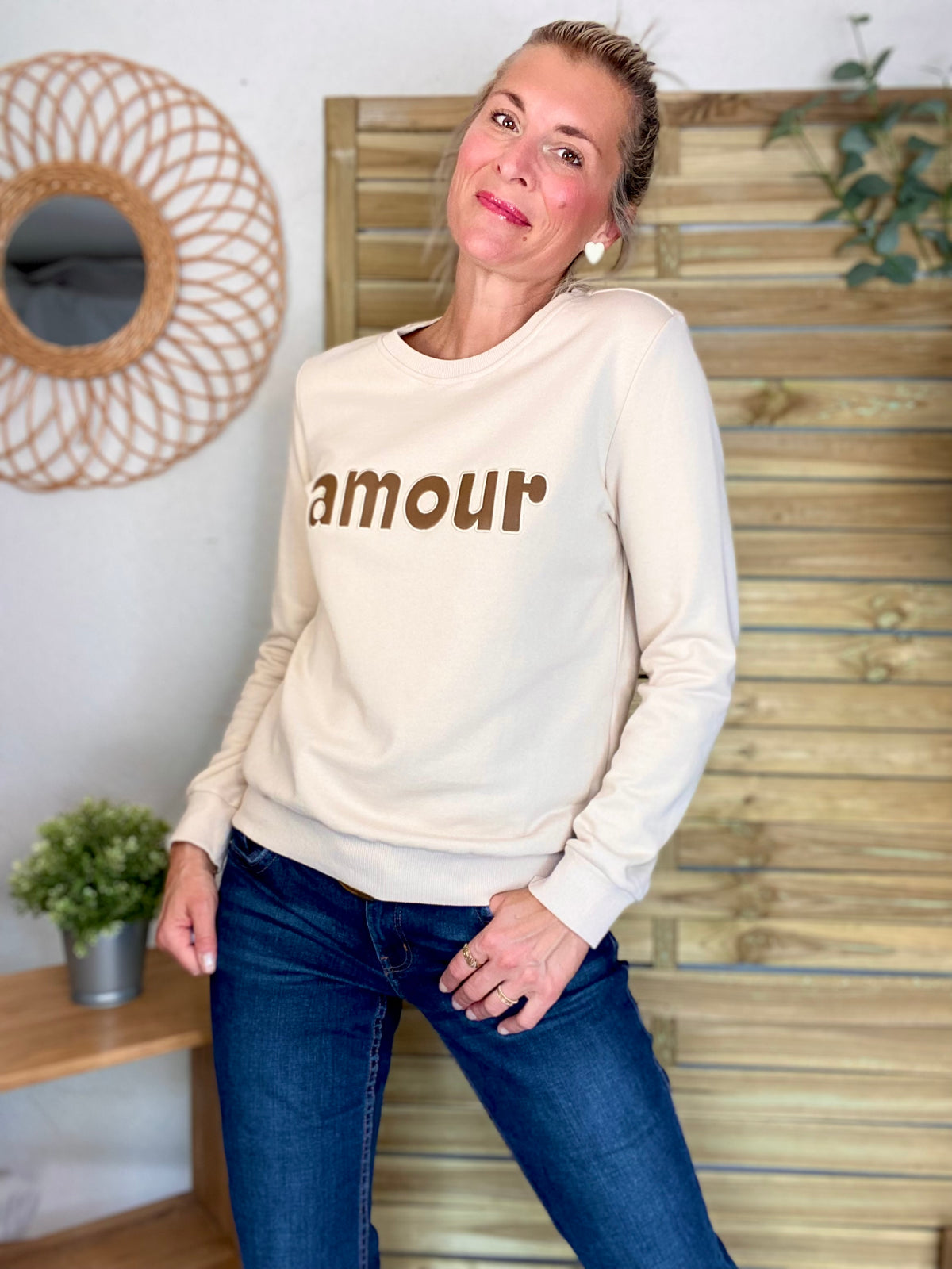 Sweat amour en coton GABRIELLE - Beige et Taupe - FIN DE SÉRIE