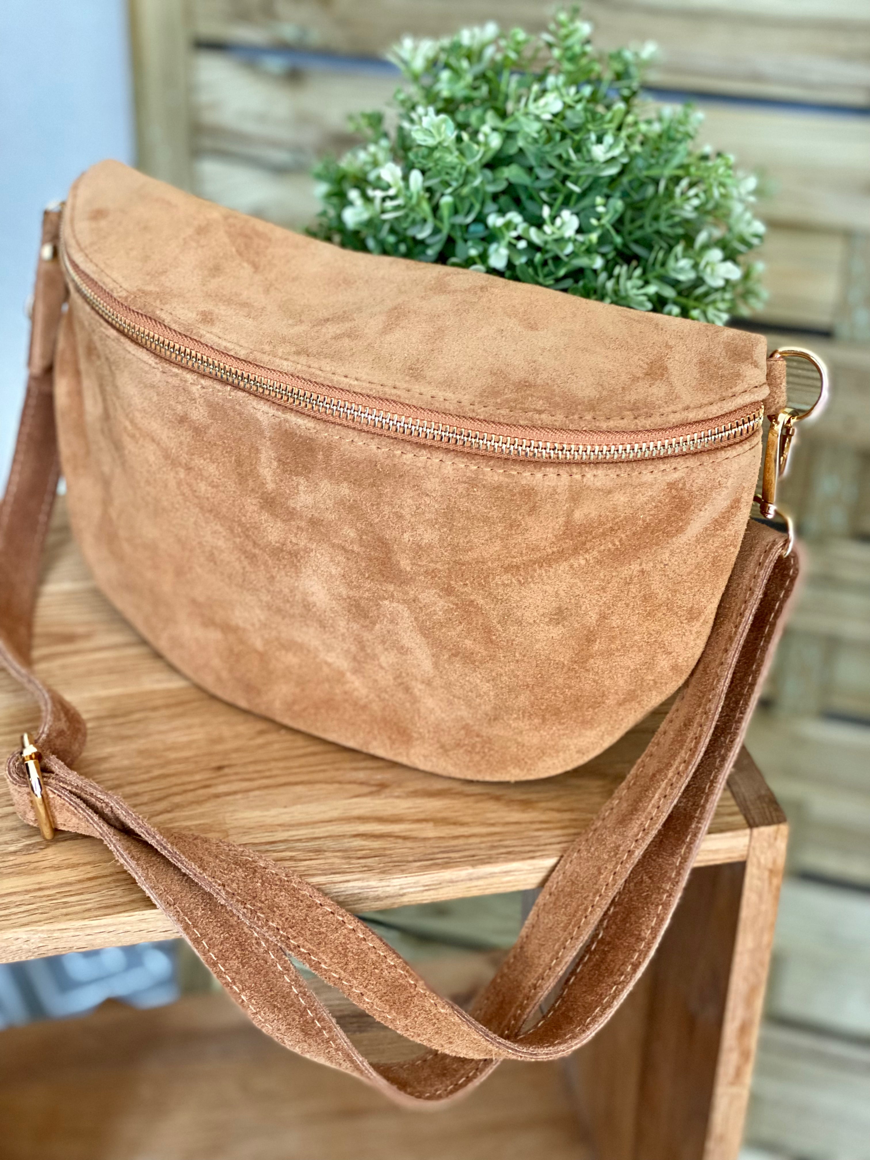 Sac banane XL en cuir velours 30cm JUDY - Camel