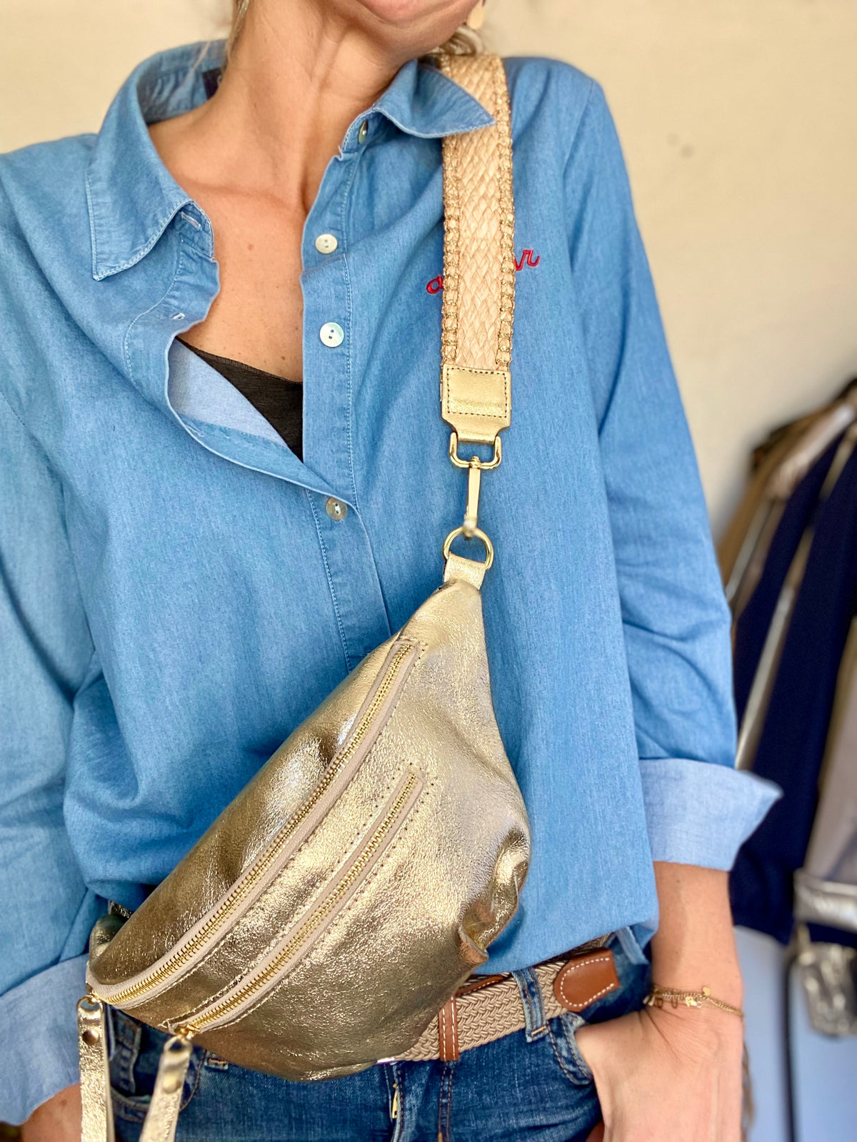 Sac banane en cuir irisé double poche - ERYN fronces - Doré