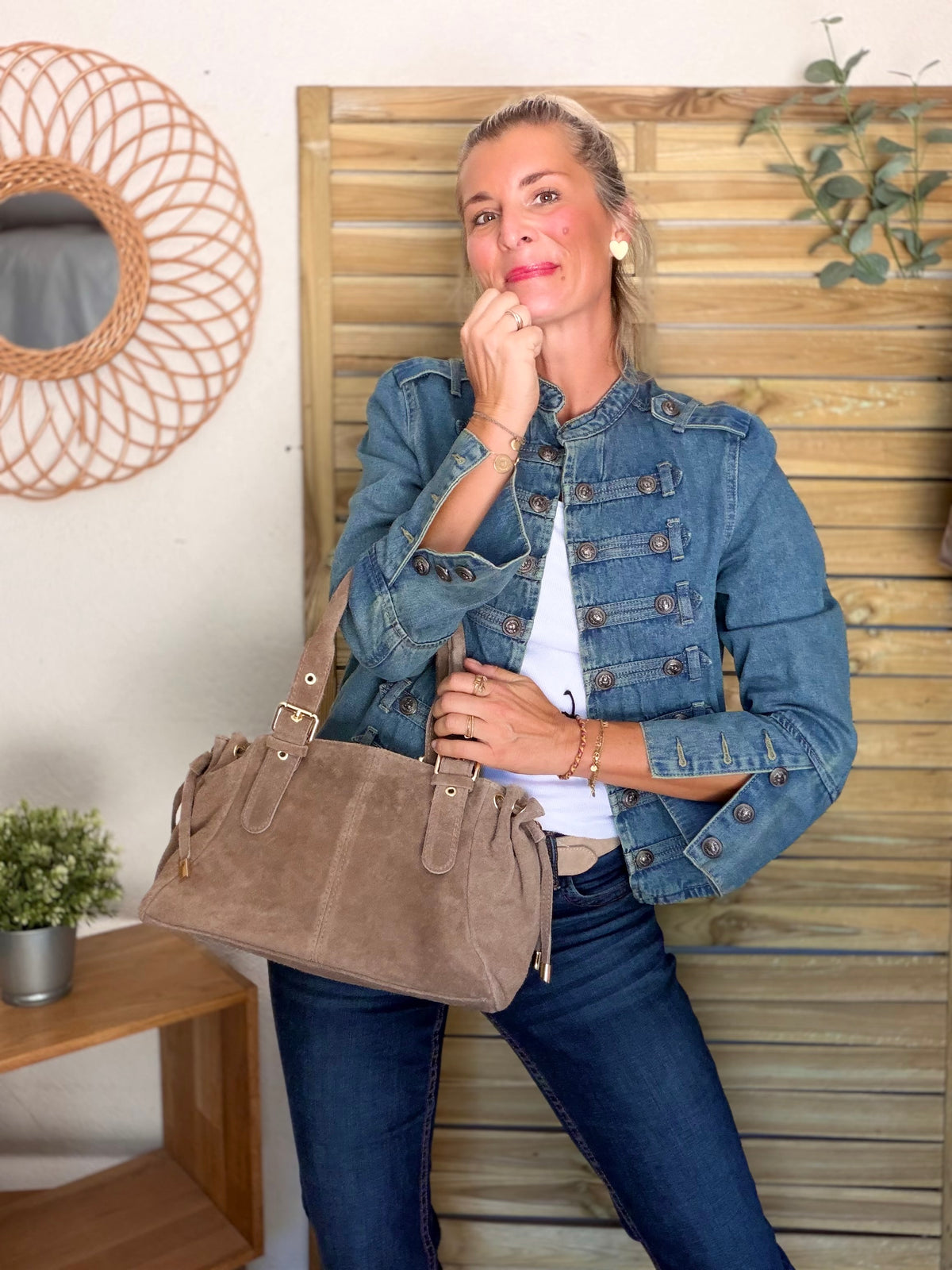 Sac à main en cuir daim GERY - Taupe