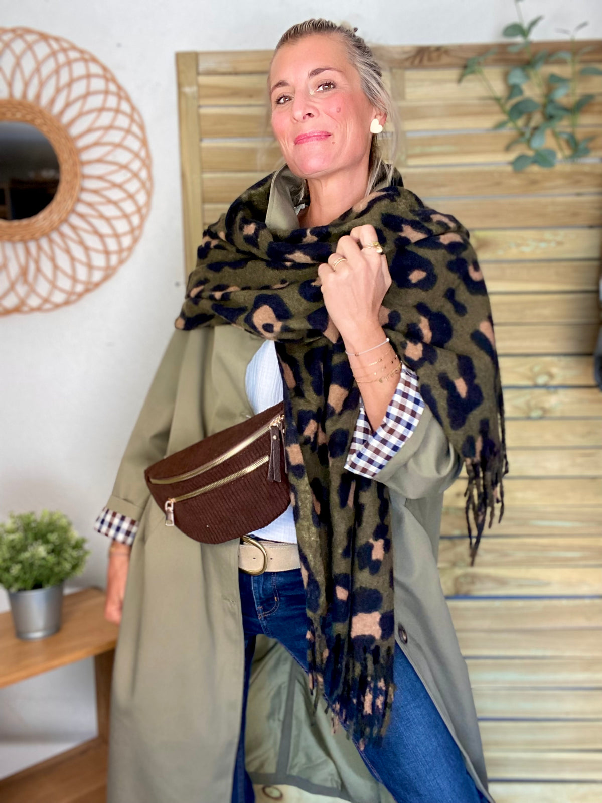 Veste Trench en coton, revers carreaux - YSEULT long Kaki