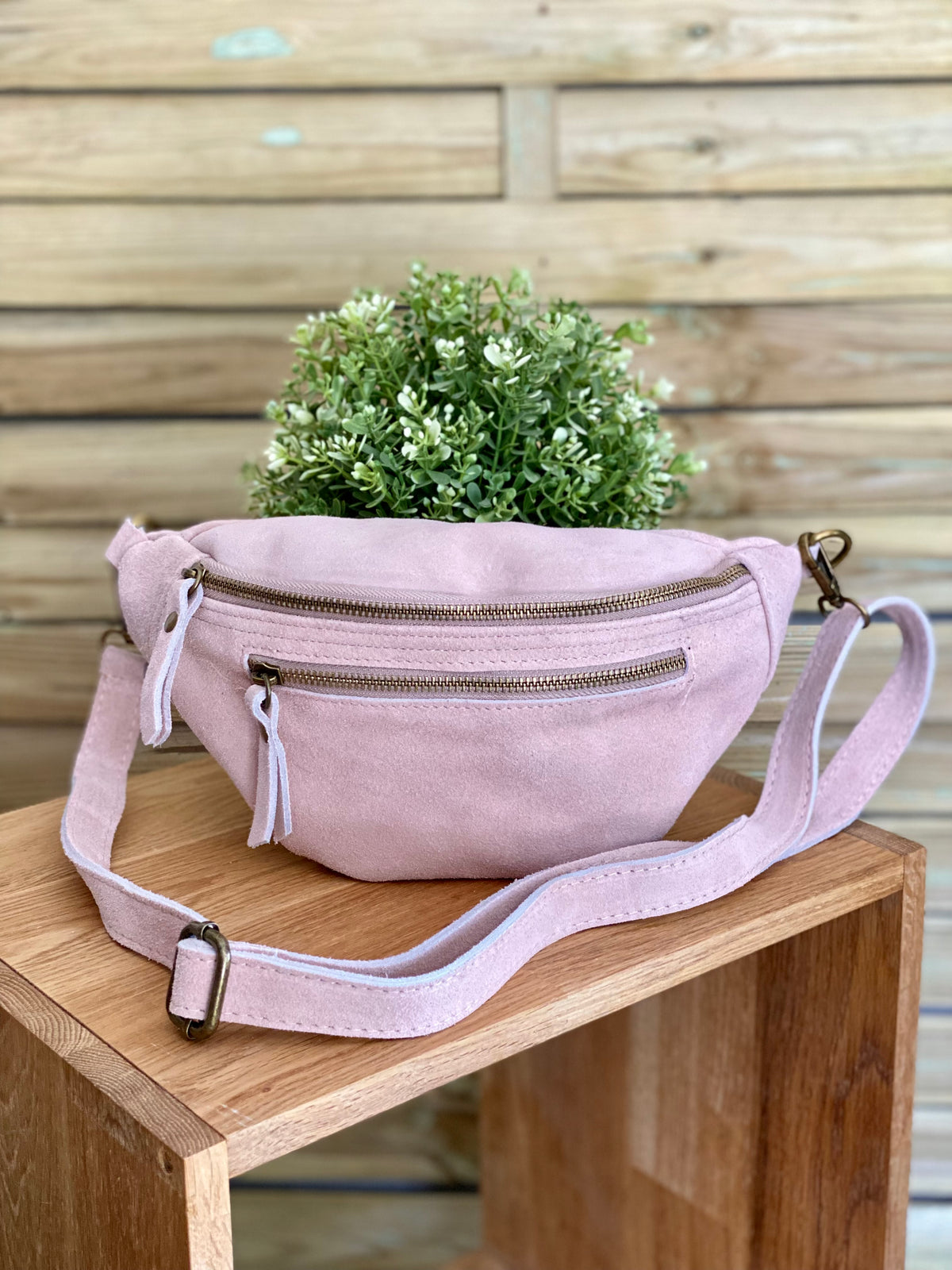 Sac banane double poche en cuir daim - OPALINE - Rose clair / Vieux rose
