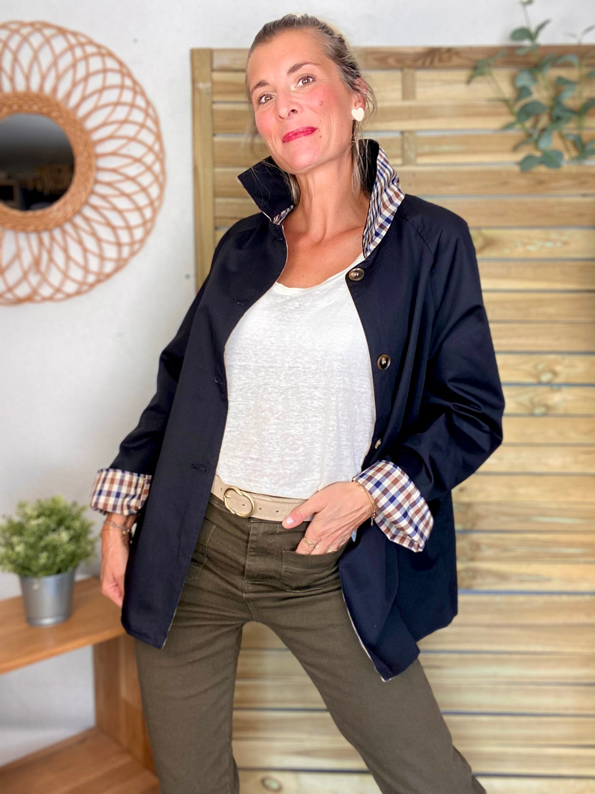 Veste Trench mi long réversible vichy LENA Noir - FIN DE SÉRIE