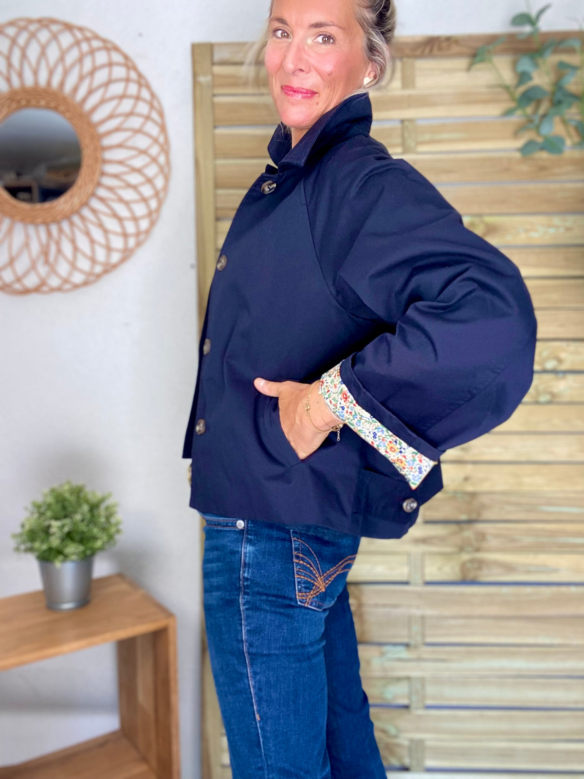 Veste Trench en coton bleu marine avec Liberty - MAHAUT- LILI et LALA