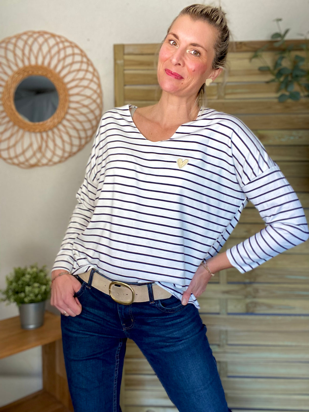 Pull fin rayé col V avec ou sans coeur doré 💛 NOLWENN - Bleu marine