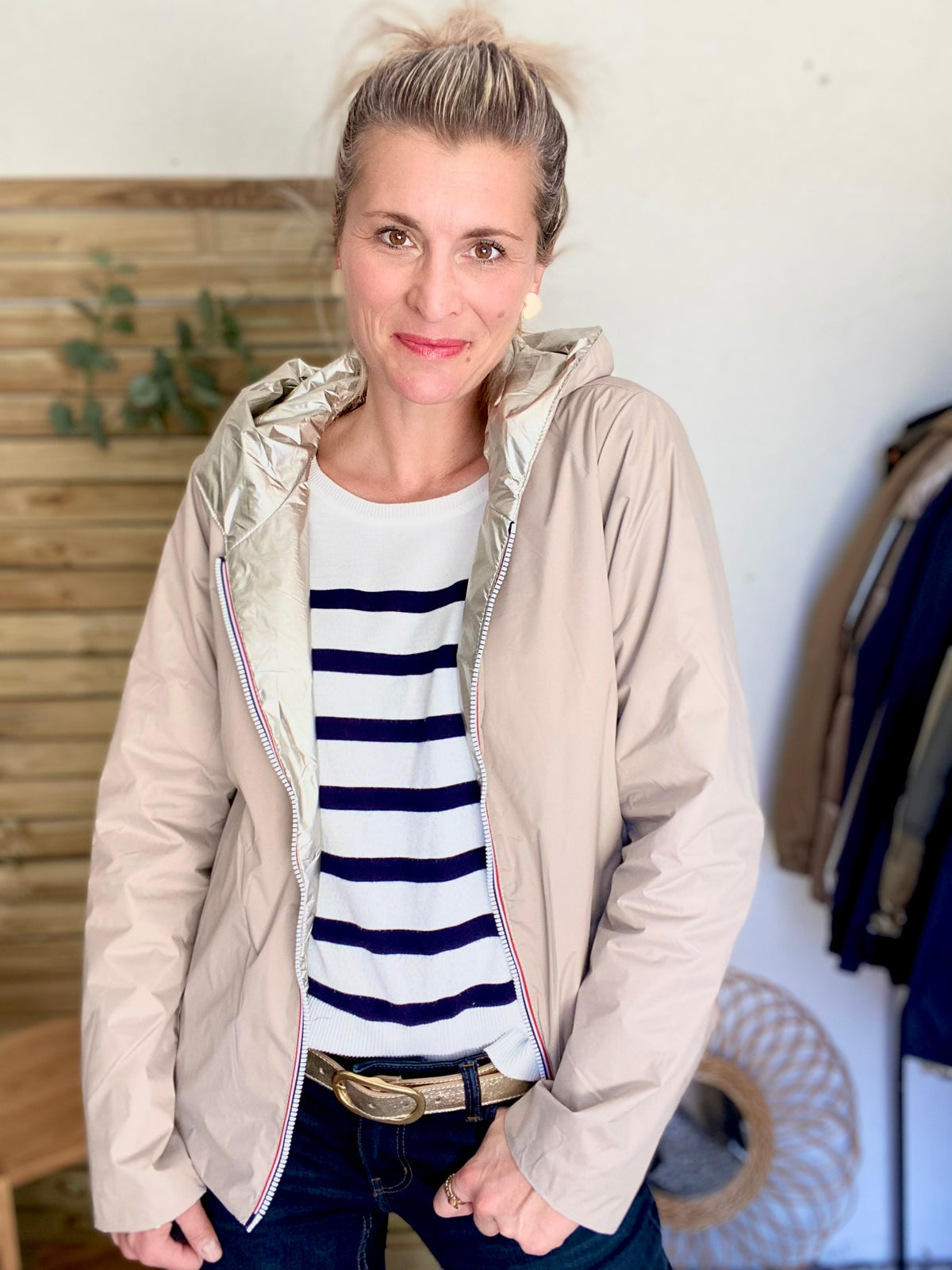 LAURA JO - Imperméable réversible rembourré LOUISON COURT - Beige / Doré • DÉSTOCKAGE sur Taille XL