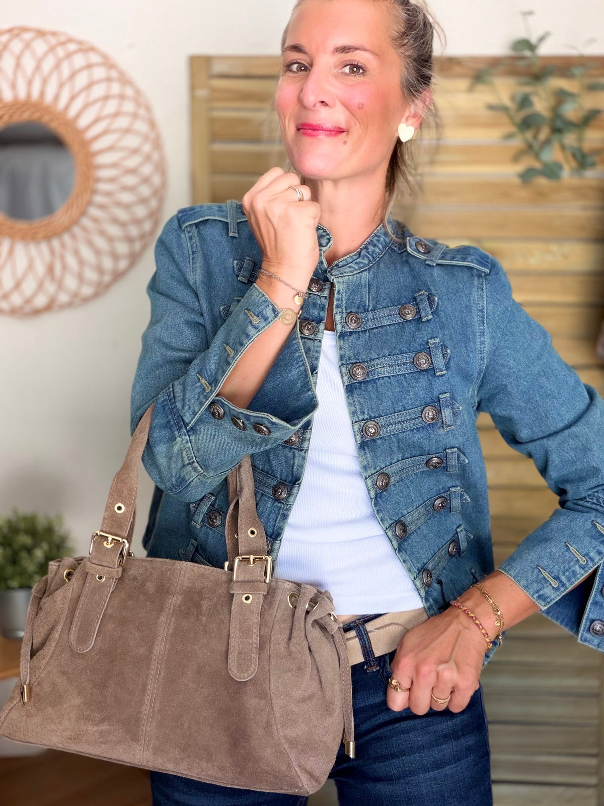 Sac à main en cuir daim GERY - Taupe