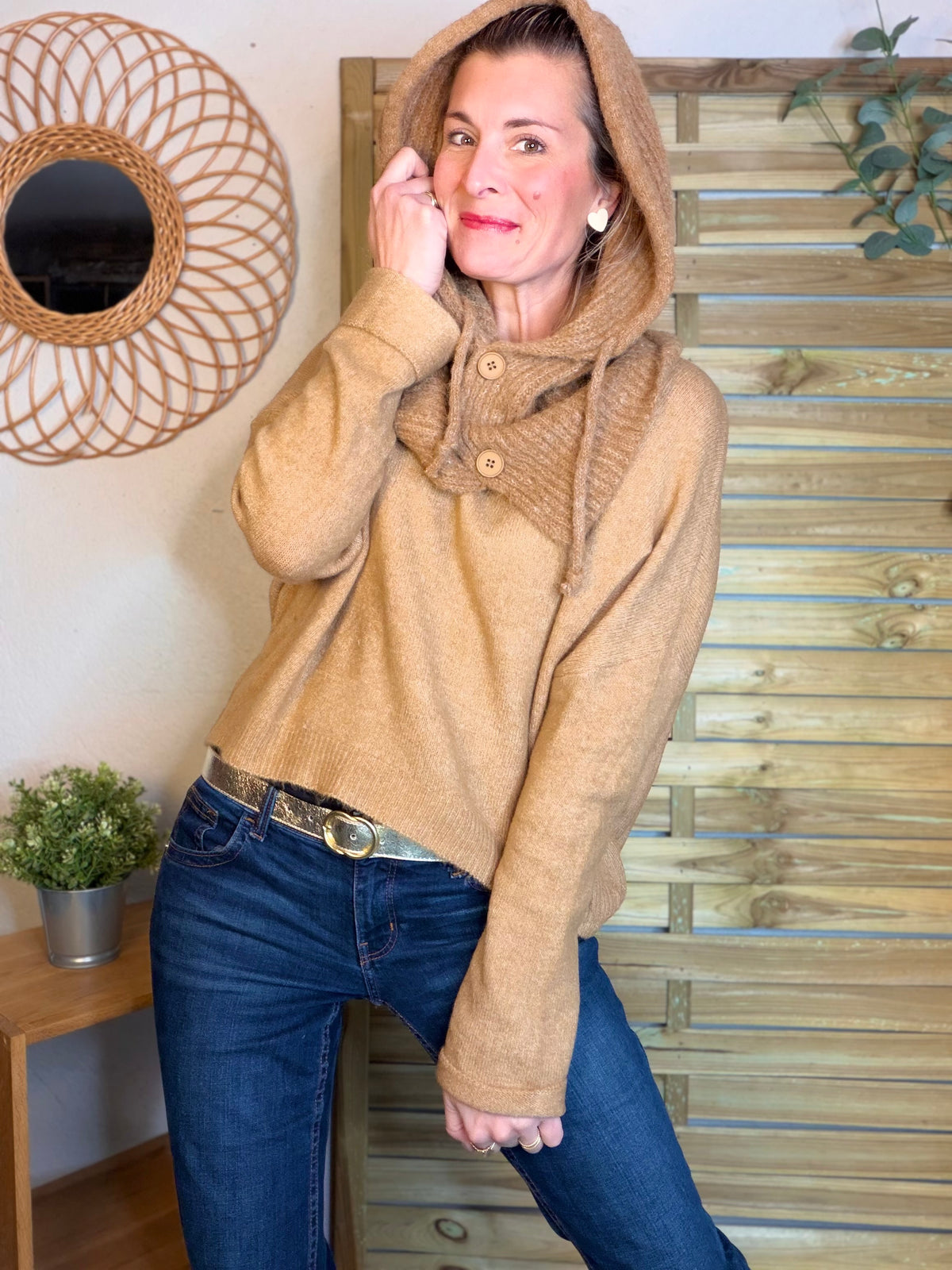 Col cagoule LORIE en maille avec boutons - Camel