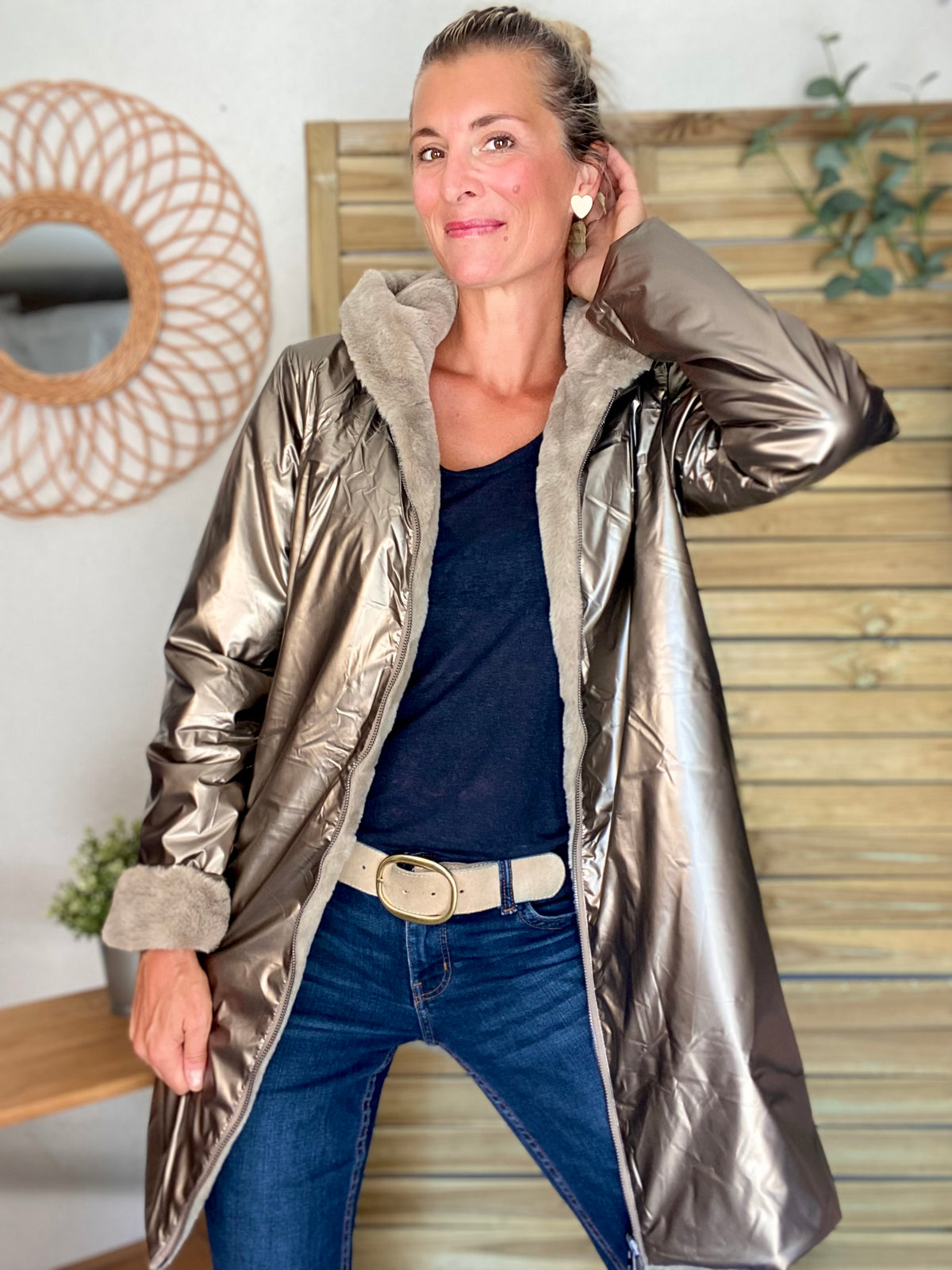 LAURA JO - Parka Imperméable réversible fourrée Bronze / Beige ALIX Long
