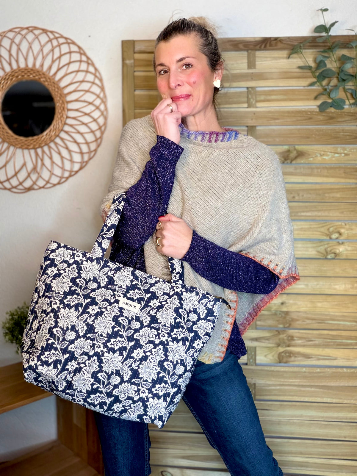 Sac cabas imprimé PIERCE - fleuri marine - FIN DE SÉRIE