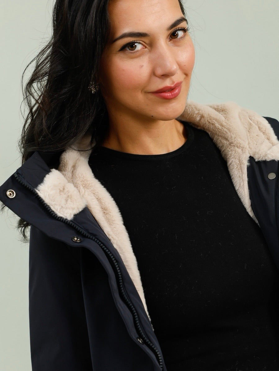 LAURA JO - Parka fourrée imperméable AMBRE LONG - Bleu marine / Beige