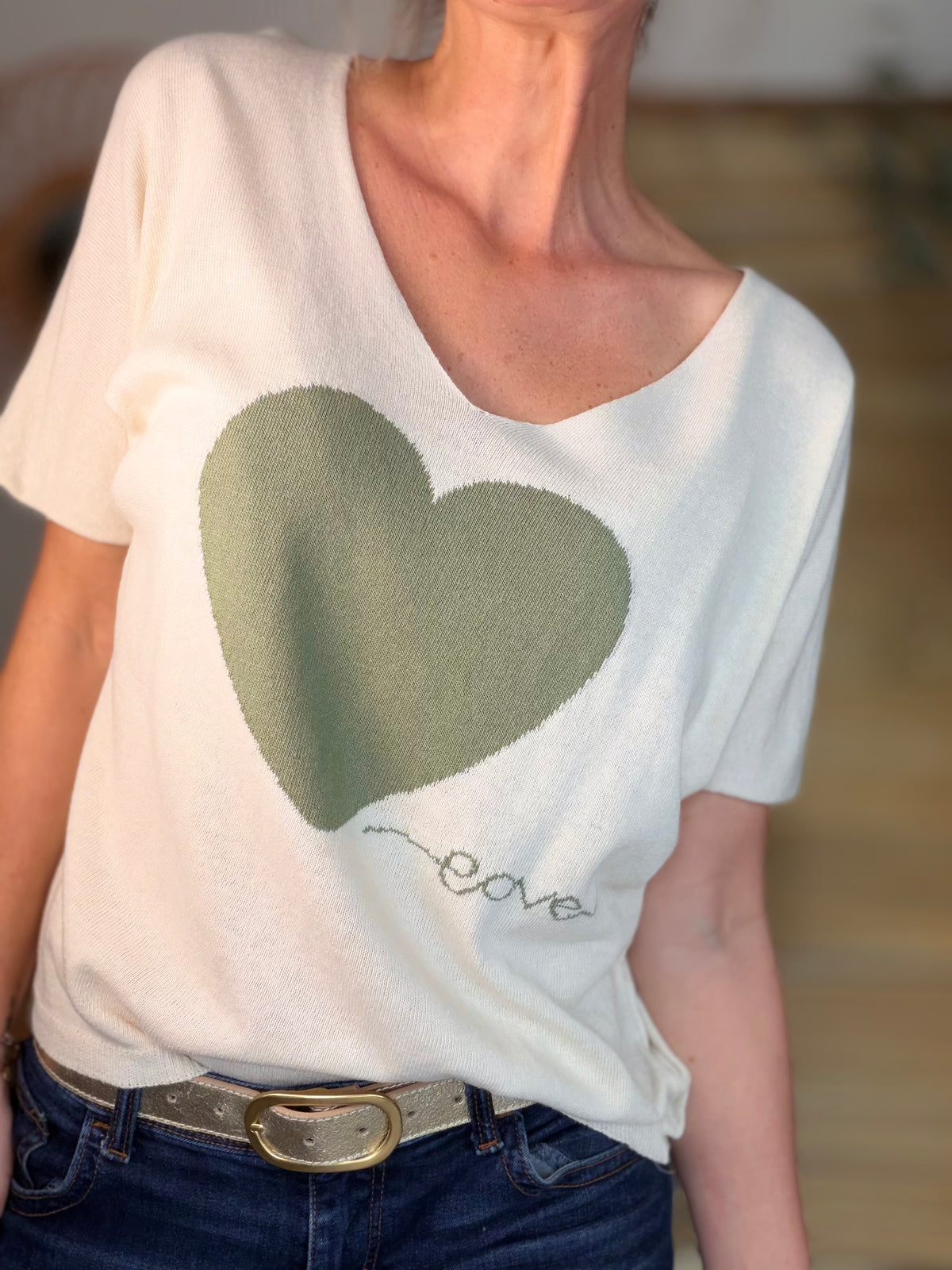 Pull fin col V gros cœur vert sauge 💚 PÉNÉLOPE
