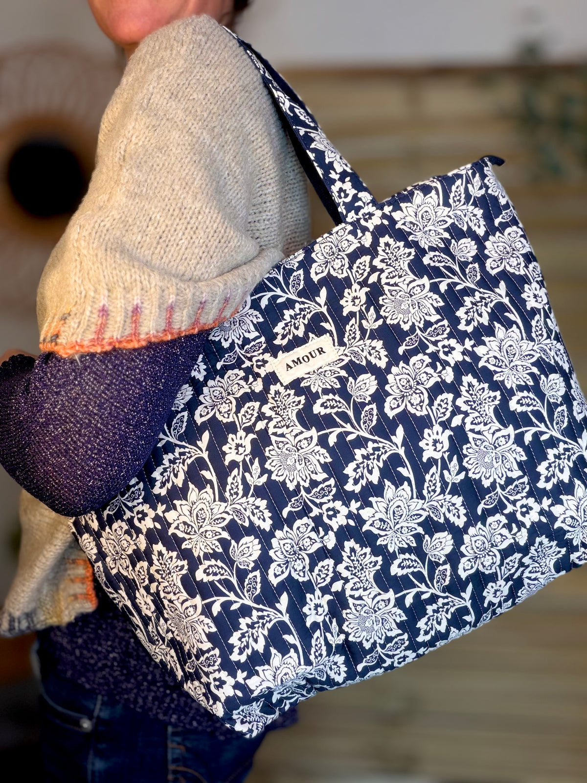 Sac cabas imprimé PIERCE - fleuri marine - FIN DE SÉRIE