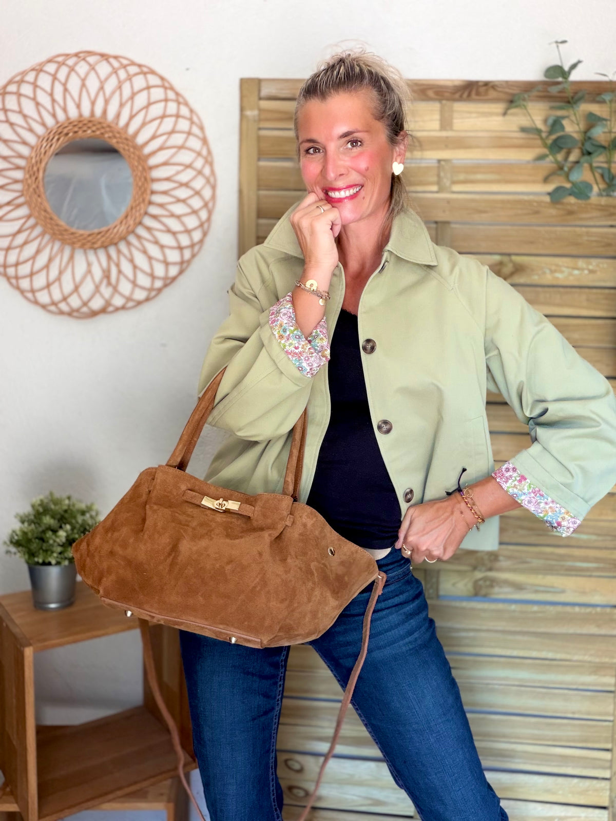 Veste Trench en coton Vert amande avec Liberty - MAHAUT - LILI et LALA