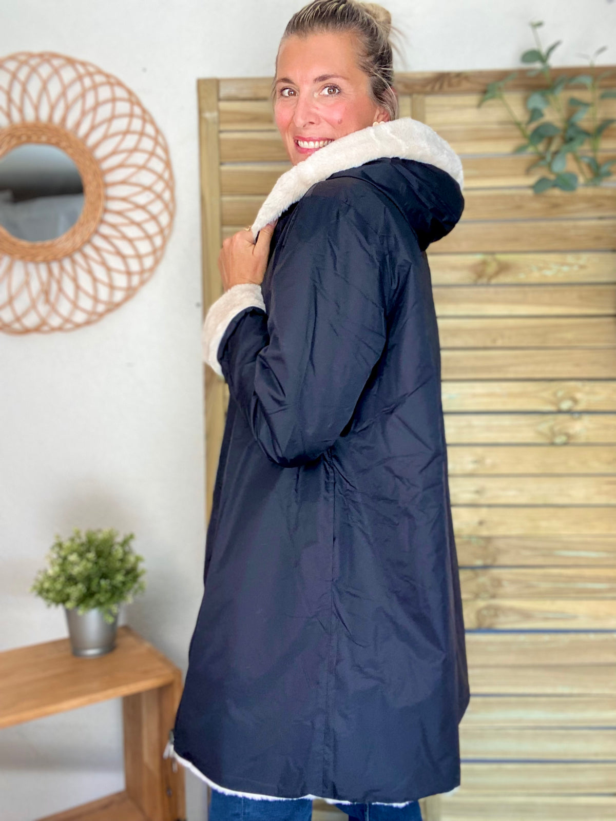 LAURA JO - Parka Imperméable réversible fourrée Noir / Beige ALIX long