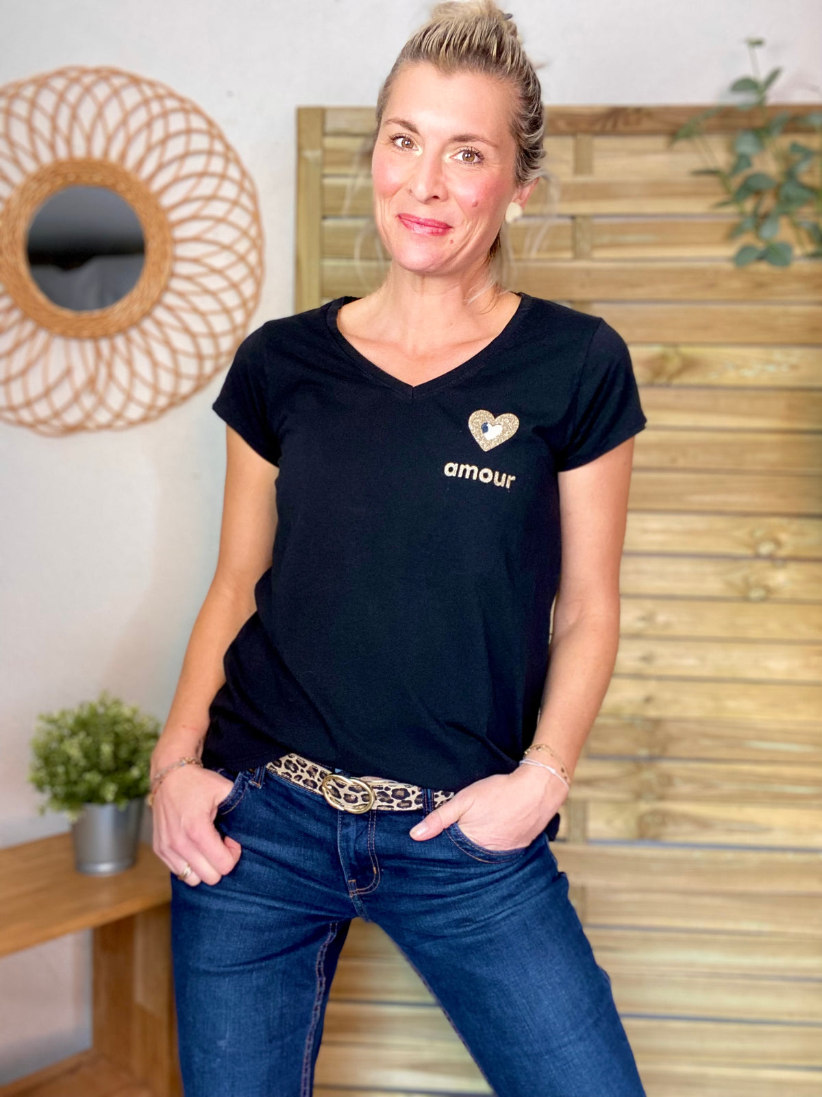 Tee shirt Coeur doré et léo amour 💛🐆 NINA Noir • FIN DE SÉRIE