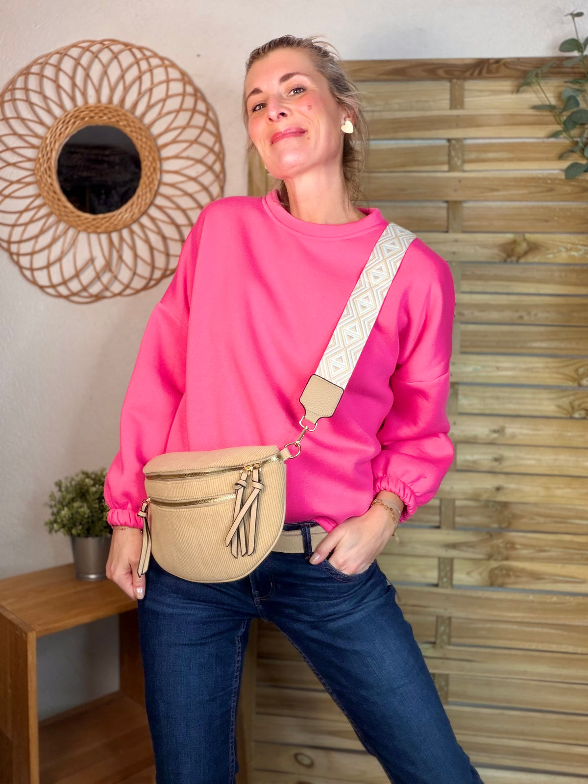 Sac banane en velours côtelé, sangle fantaisie - KATY - Camel clair - FIN DE SÉRIE