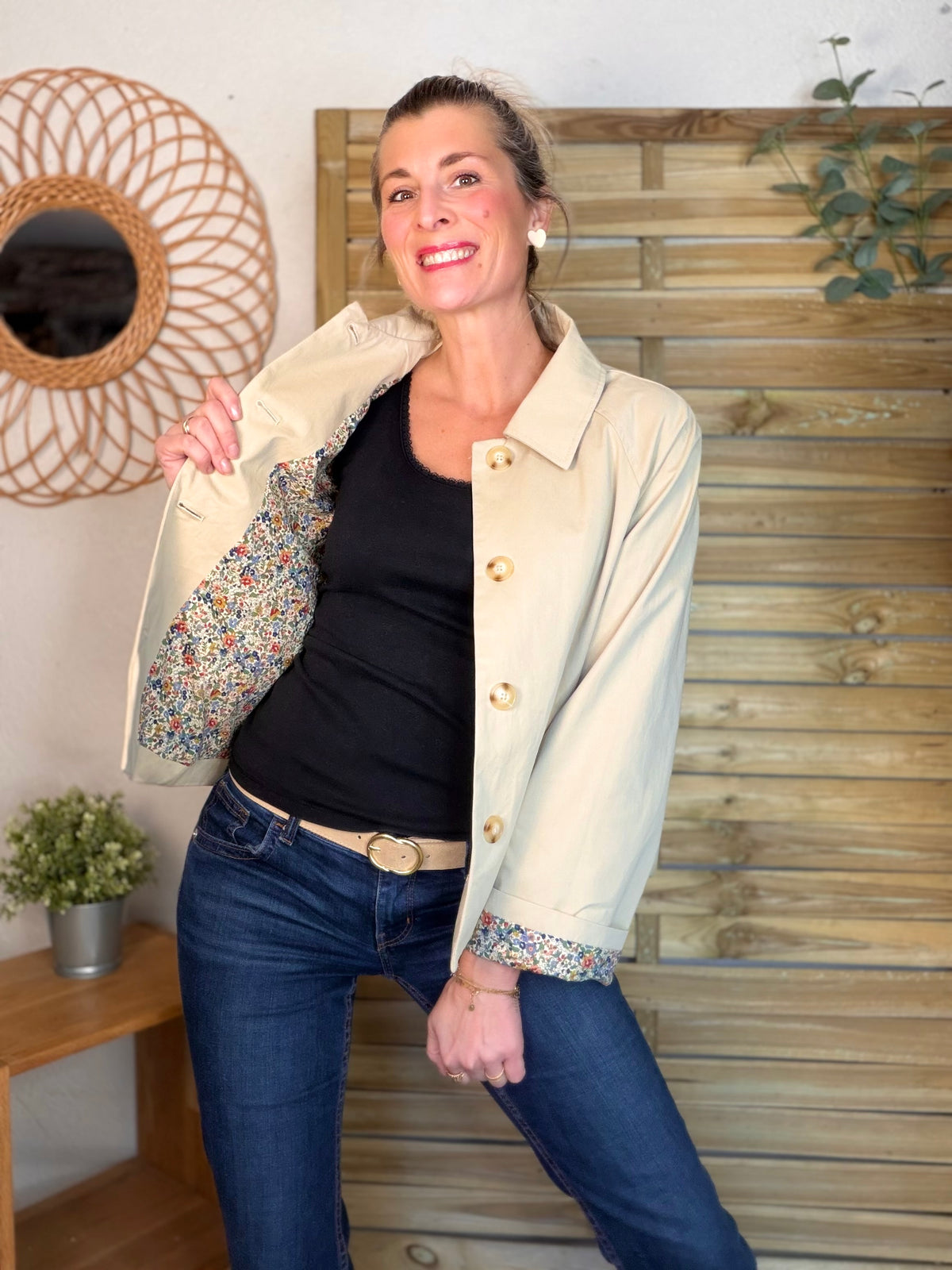 Veste Trench en coton beige avec Liberty - MARION (Taille 2 ans à la Taille XL)