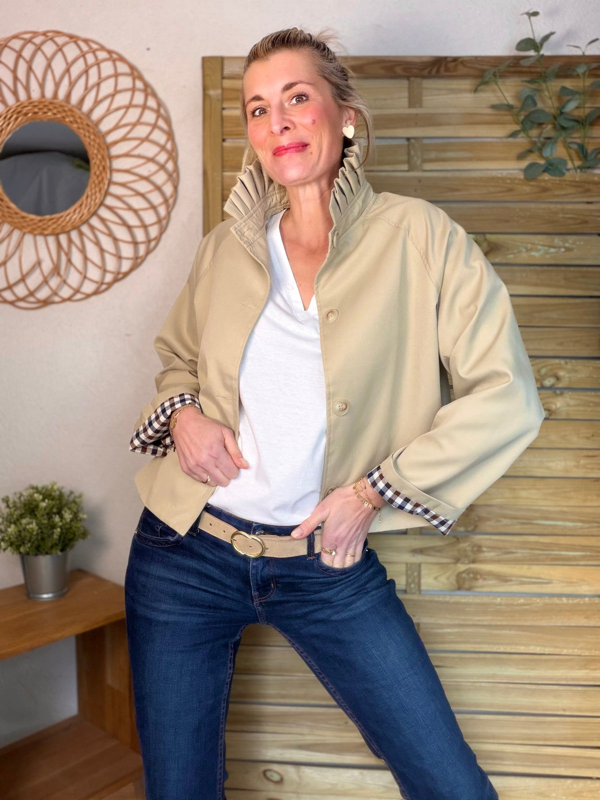 Veste Trench col victorien, revers carreaux - VICKY Beige