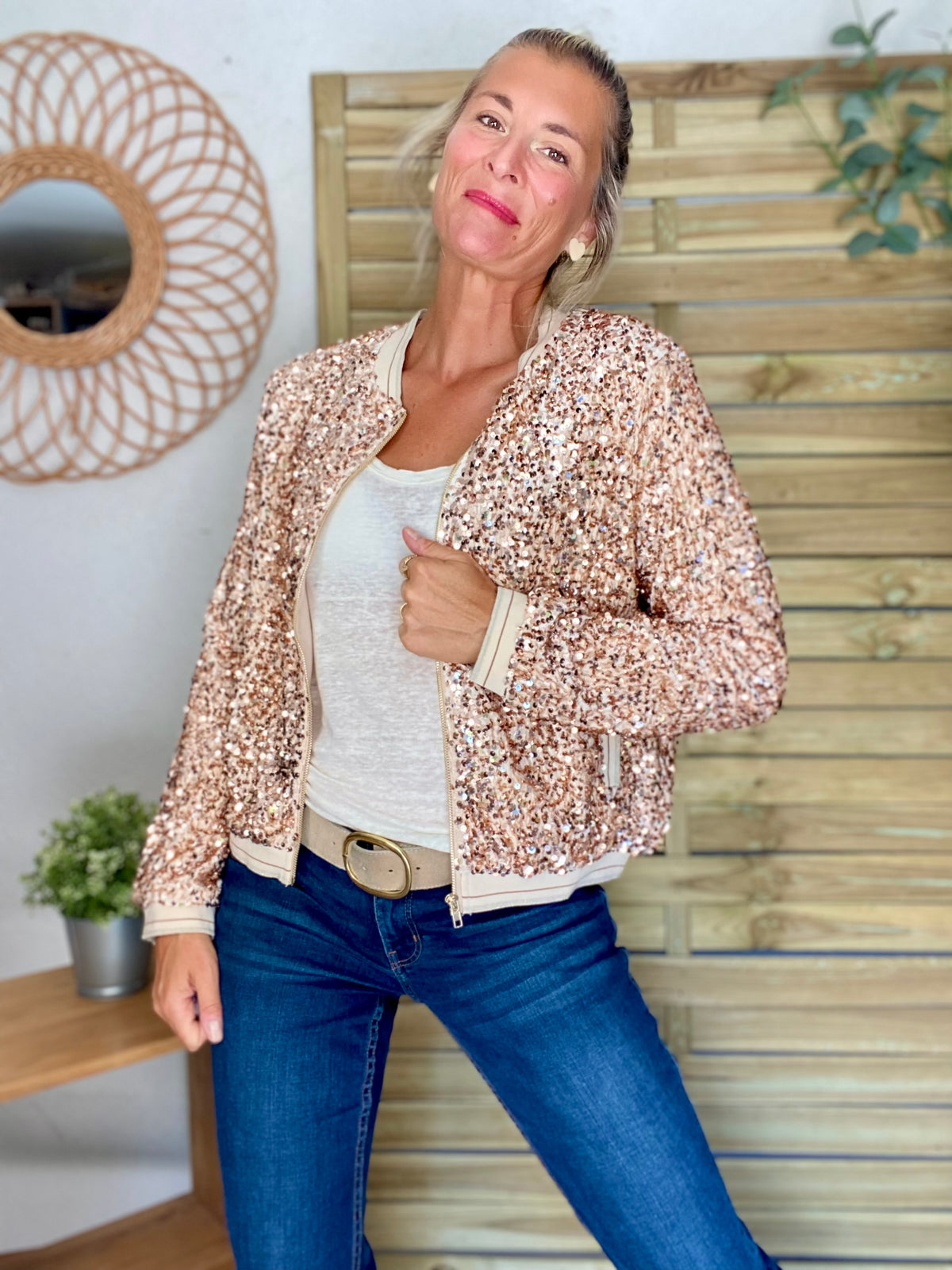 Veste bombers beige avec sequins Rose Gold KIM - FIN DE SÉRIE