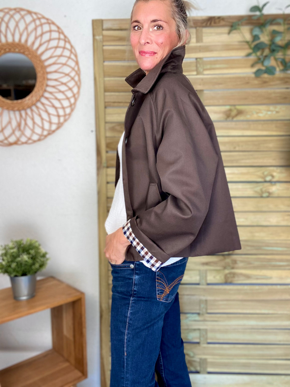 Veste Trench en coton, revers carreaux - YSEULT court Chocolat
